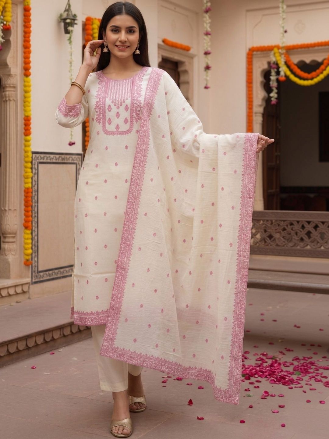 TWINS LADY Women Ethnic Motifs Embroidered Regular Thread Work Pure Cotton Kurta with Trousers & With Dupatta-picture-45