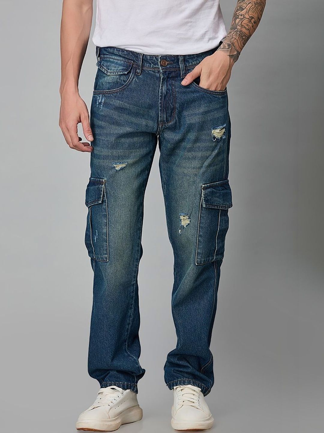 Klub Fox Men Straight Fit Mid-Rise Mildly Distressed Light Fade Jeans-picture-21