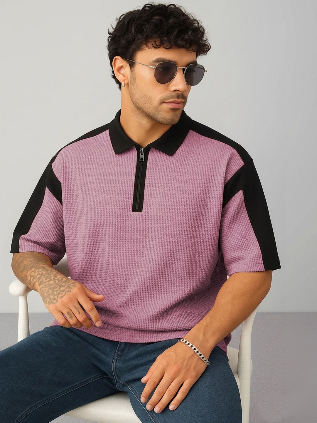 HOODLER Men Colourblocked Polo Collar Pure Cotton T-shirt-image-31