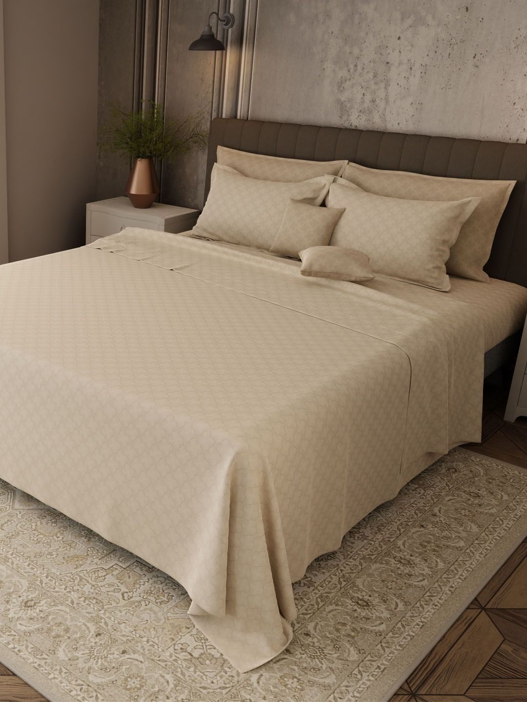 Boutique Living India Beige Solid Cotton 7 Piece Double King Regular Bedding Set-image-48