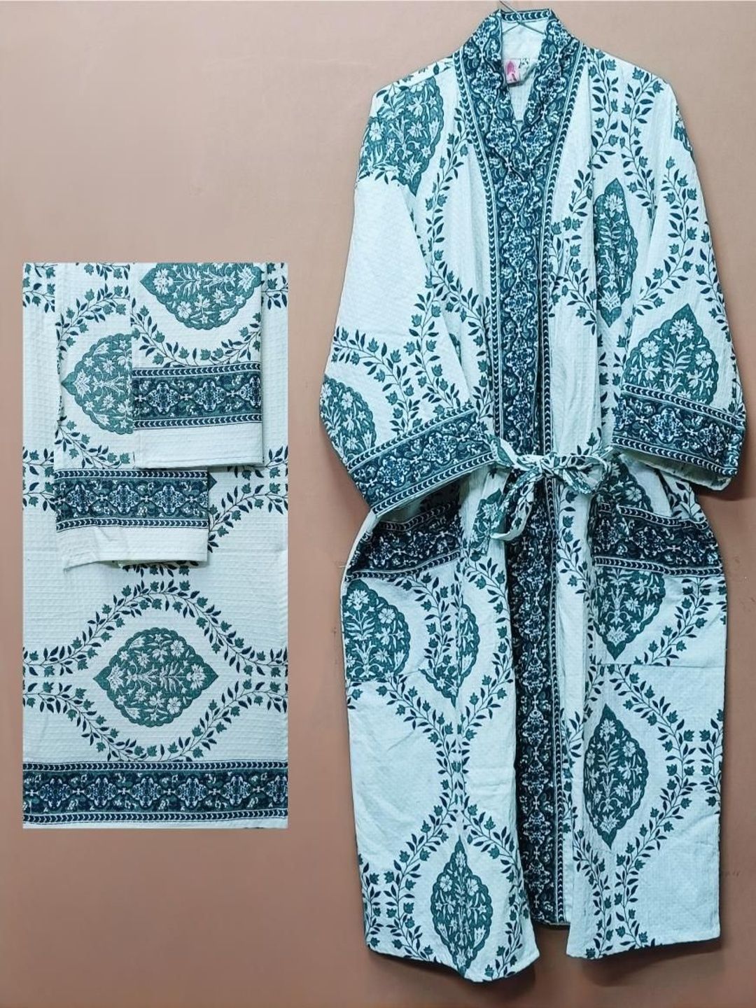 Gulaab Jaipur Set Of 4 Printed Cotton Knee Length Bath Robe & Towel Set-image-27