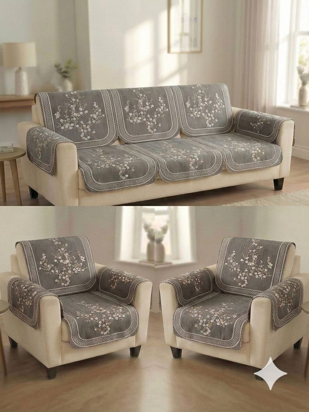 KANUM Grey & Grey Printed Polyester Blend Sofa Cover With Arms-picture-48