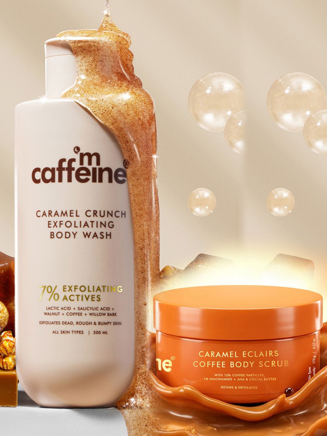 MCaffeine Set of Caramel Crunch Body Wash 300ml & Caramel Eclairs Coffee Body Scrub 175g-picture-15
