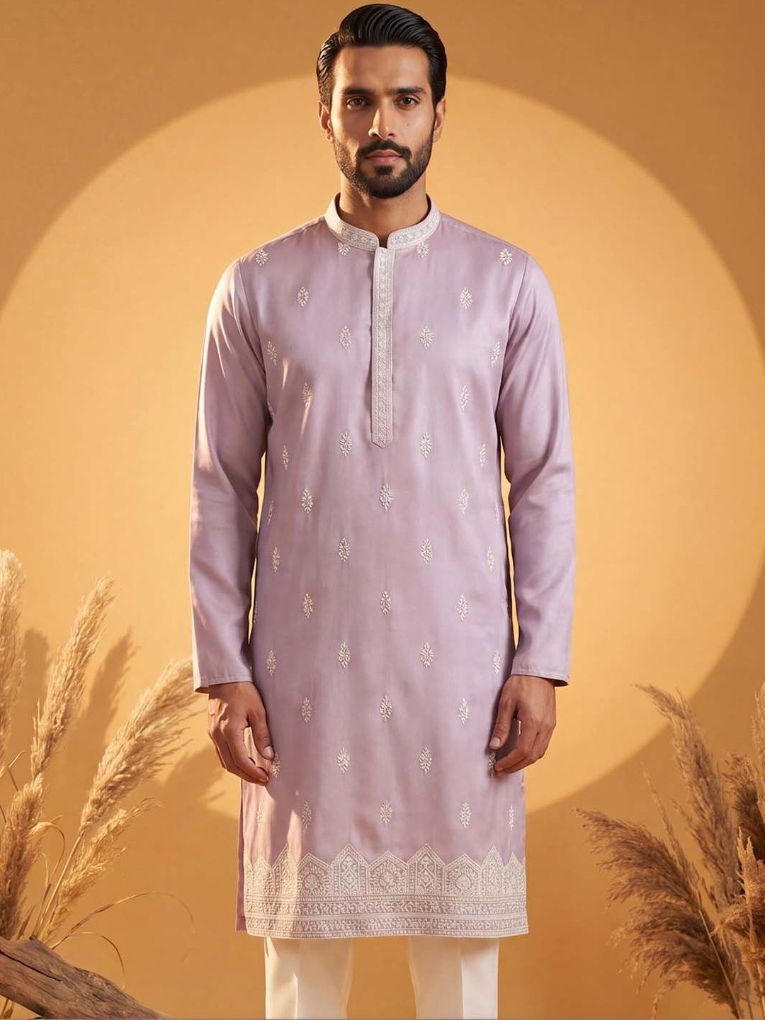House of Pataudi Embroidered Mandarin Collar Calf Length Straight Kurta-picture-37