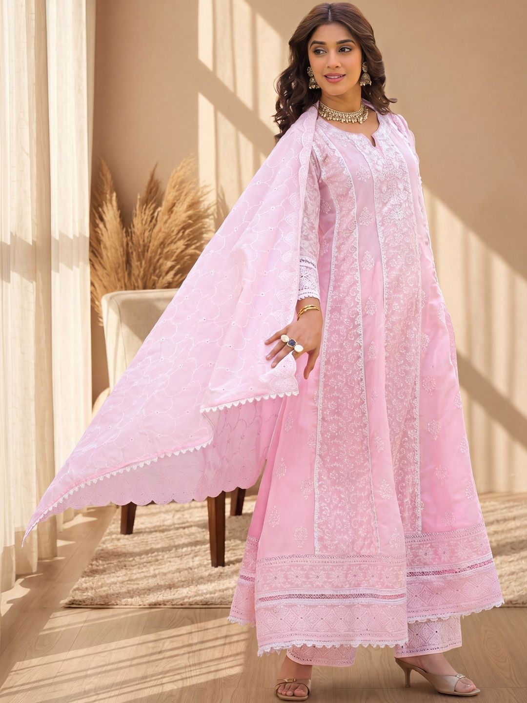 House of Pataudi Embroidered Cotton Round Neck Kurta & Trousers-picture-48