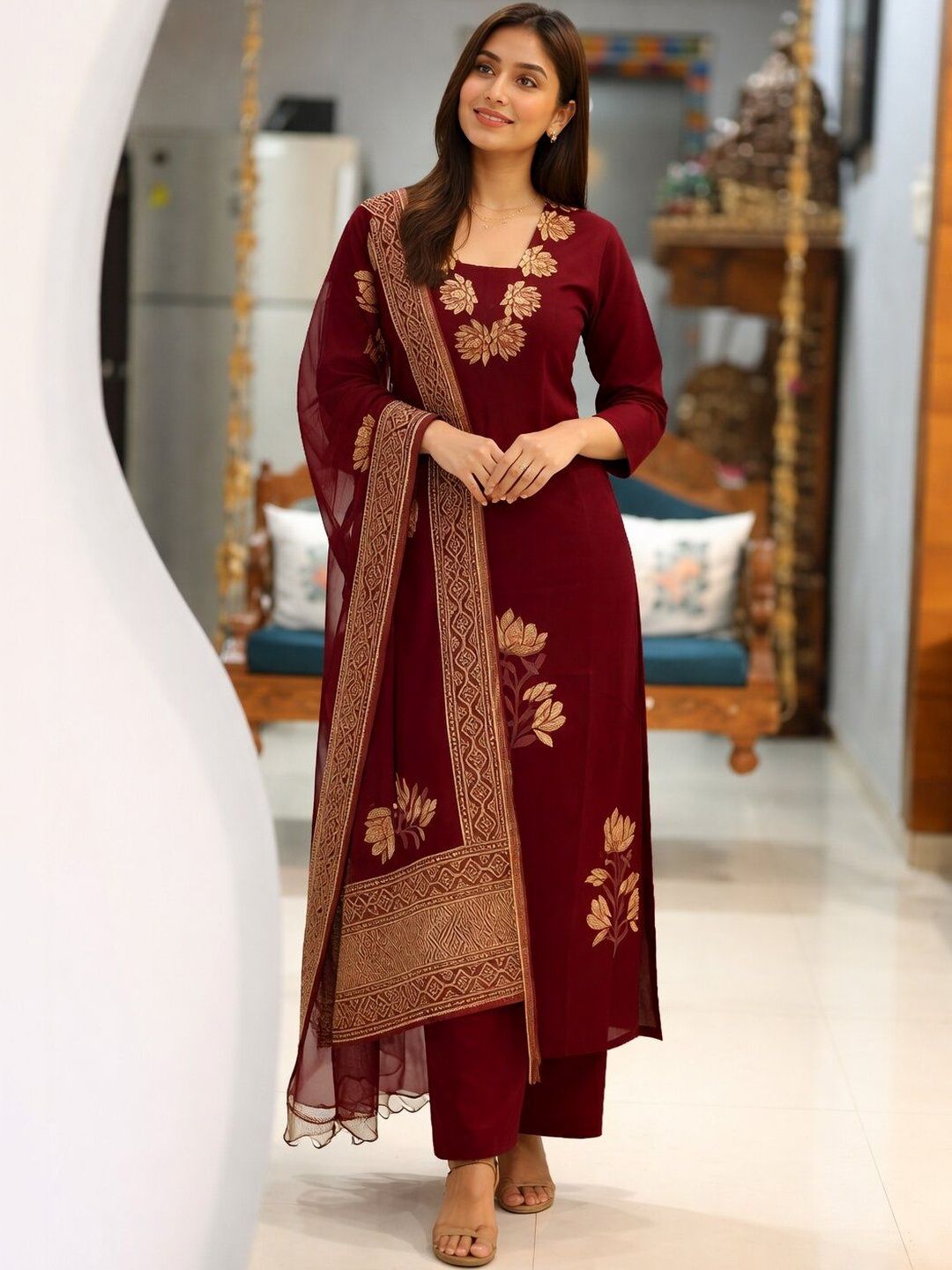 Moda Rapido Women Floral Embroidered Regular Thread Work Kurta with Palazzos & With Dupatta-picture-11