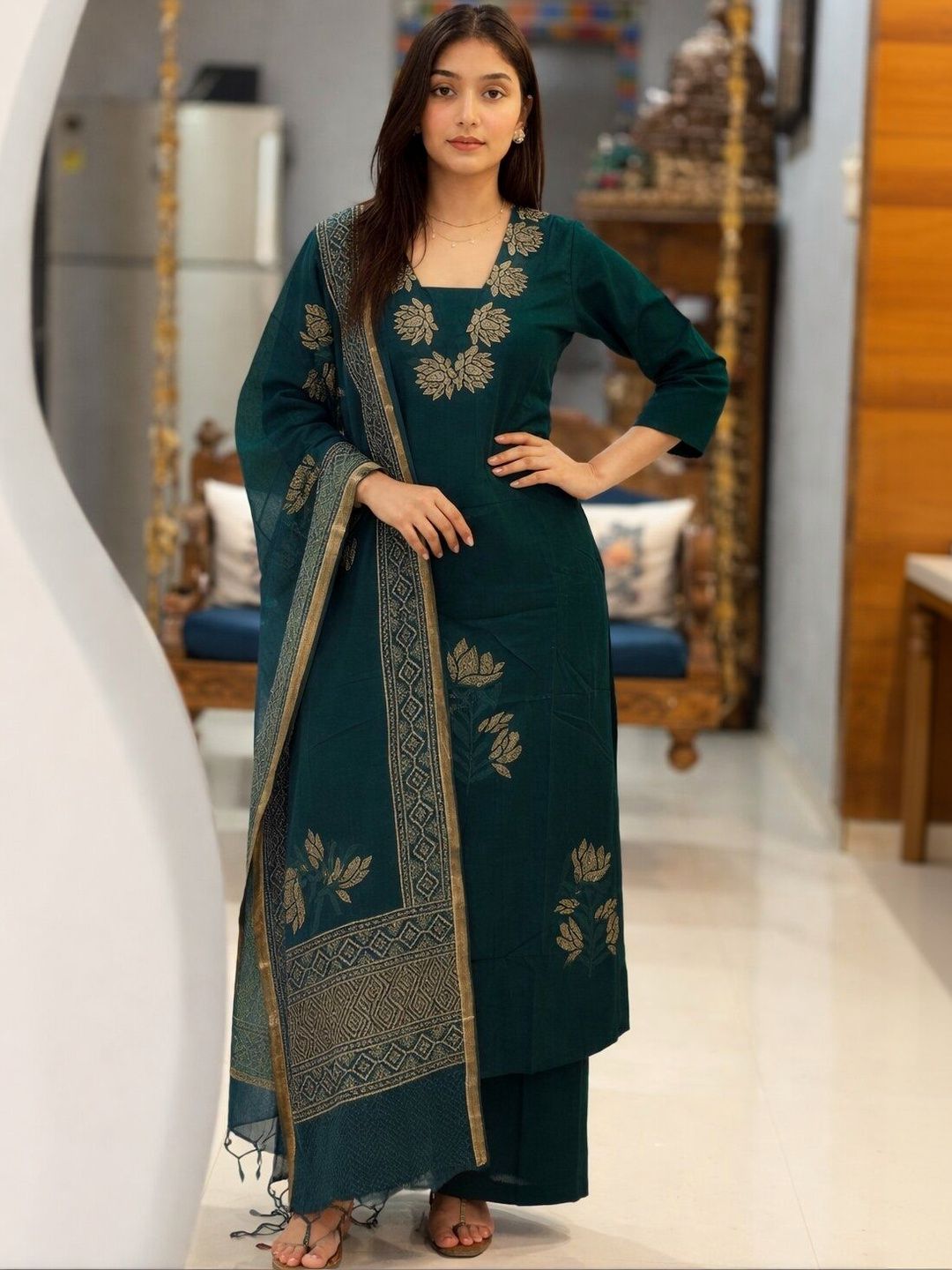 NARI DREAM Women Ethnic Motifs Printed Regular Thread Work Kurta with Palazzos & With Dupatta-picture-27