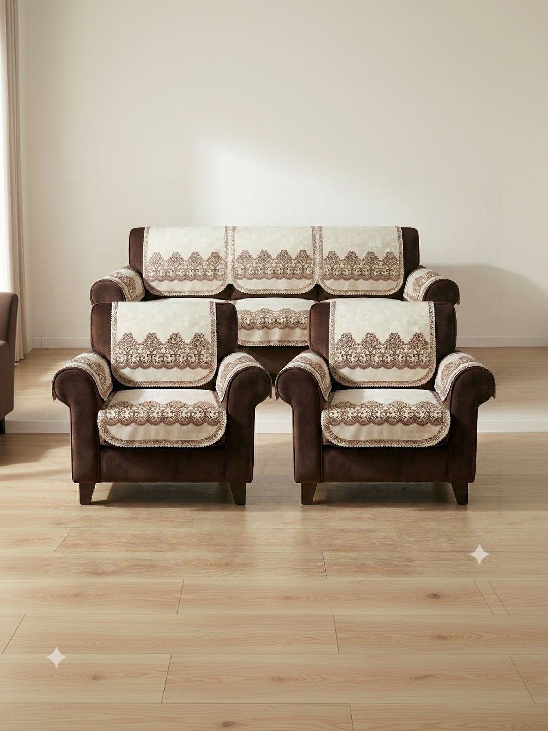 KANUM Brown & Cream-Coloured Printed Polyester Blend Sofa Cover With Arms-picture-16