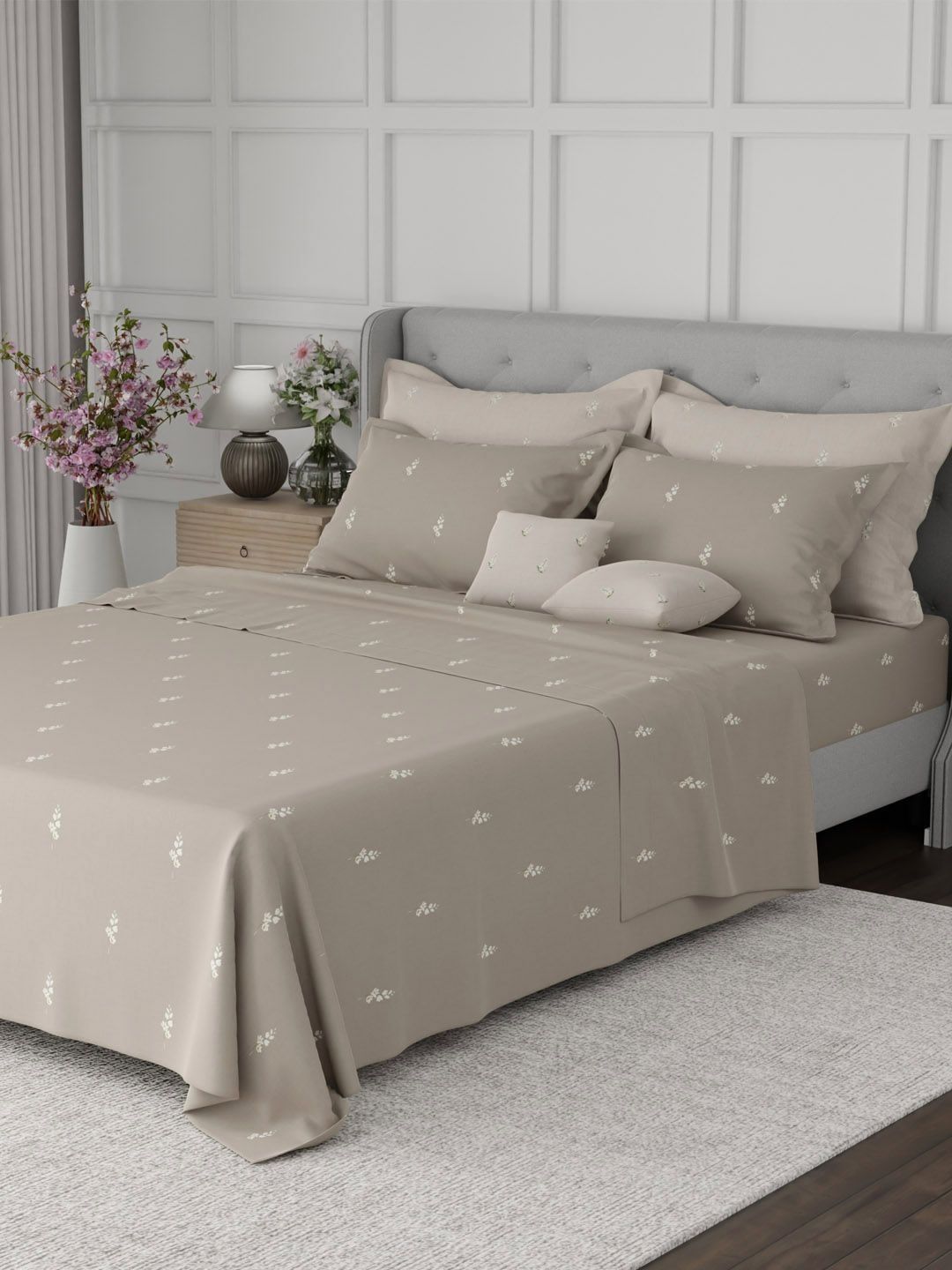 Boutique Living India Grey Floral Cotton 7 Piece Double King Regular Bedding Set-image-44