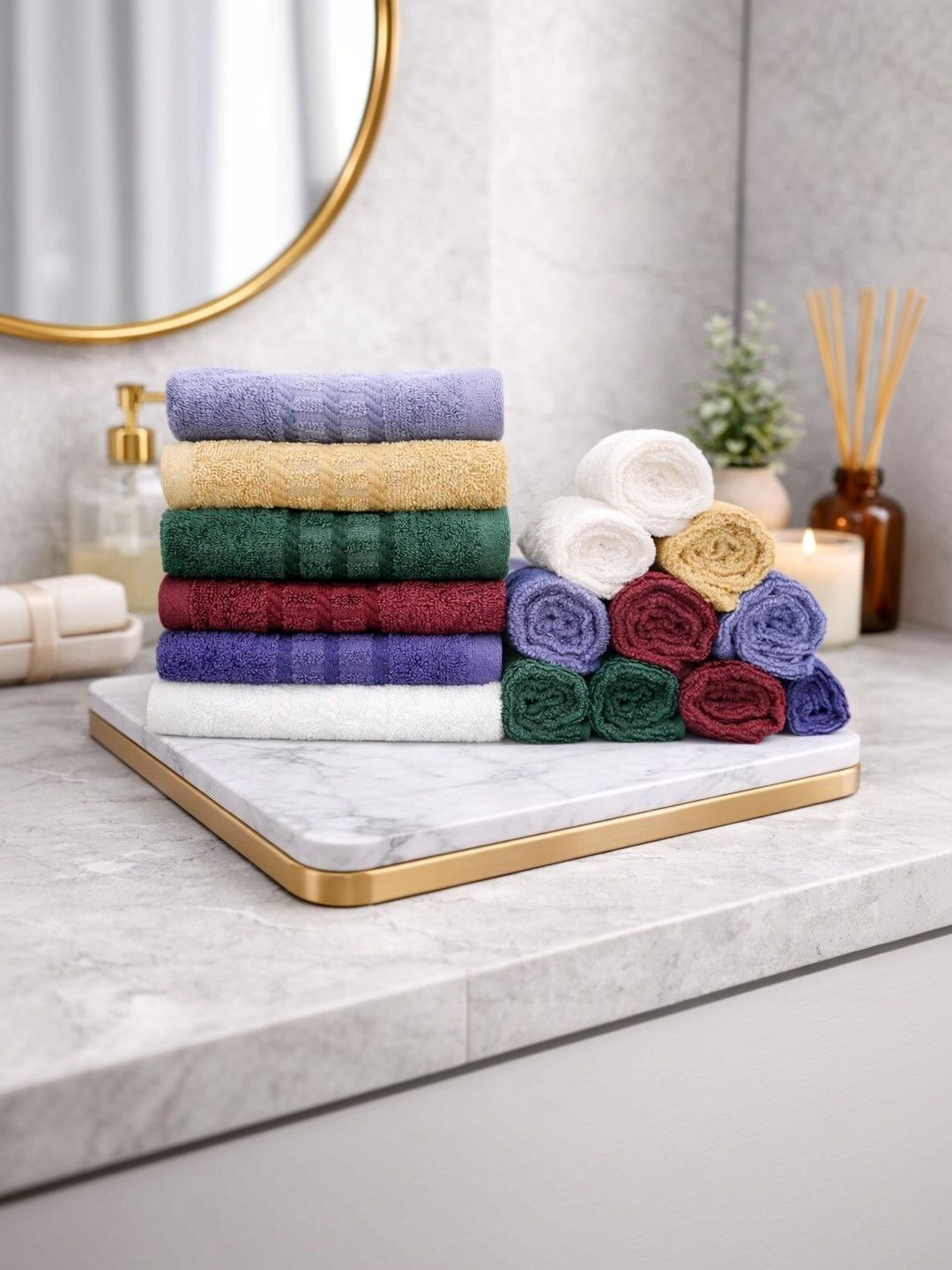 CasPure 12-Pcs Beige & Purple Cotton 500 GSM Face Towels-image-1