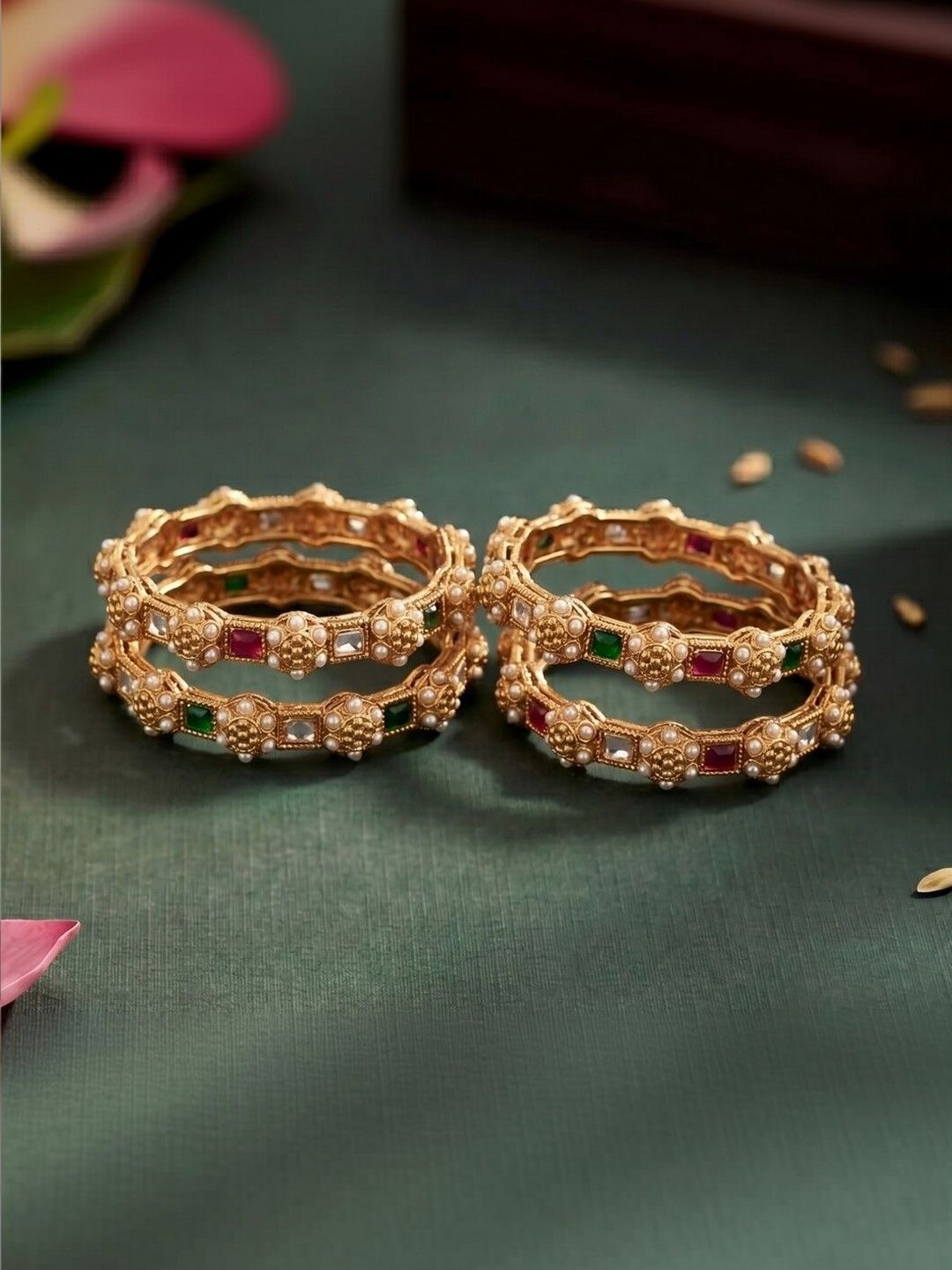 SZN Set of 4 Gold-Plated Antique Stone Studded & Beaded Bangles-picture-25