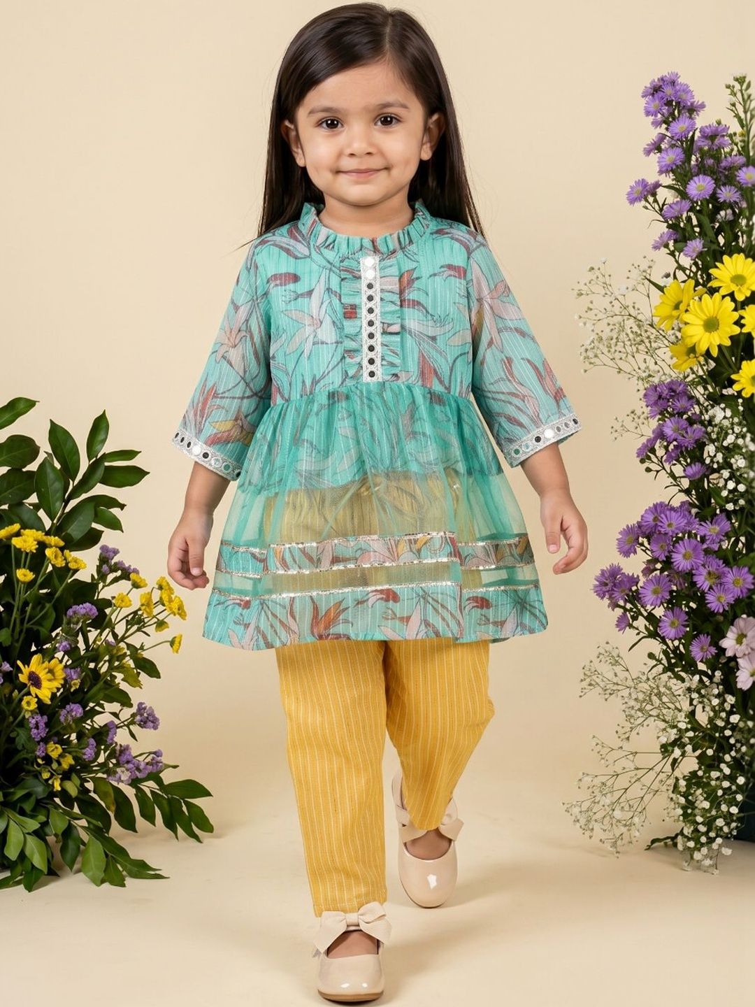 Readiprint Girls Floral Printed Tiered Mirror Work Kurta with Trousers-image-13