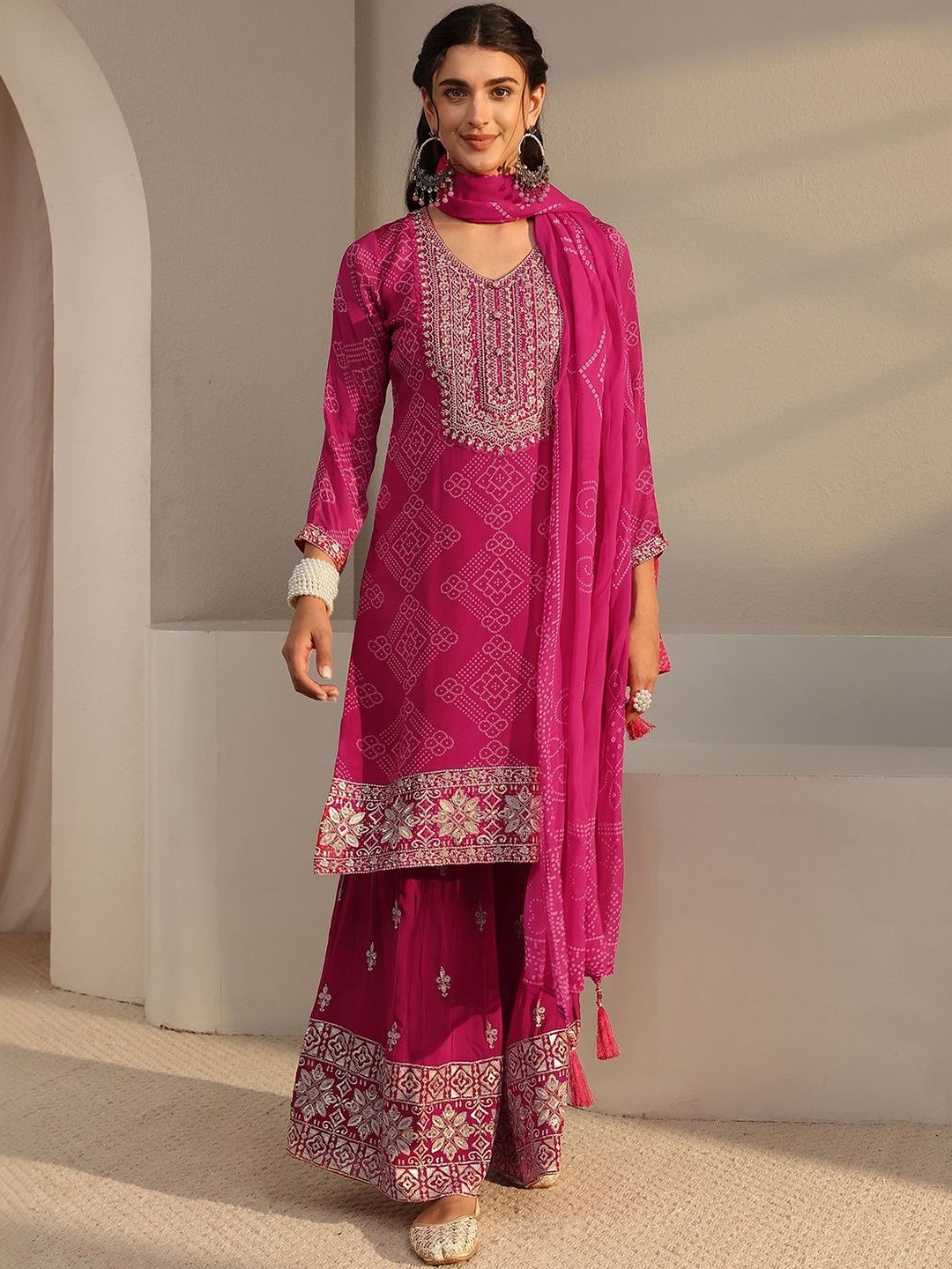 Libas Pink Bandhani Printed Georgette Palazzo Suit Set with Dupatta-image-20