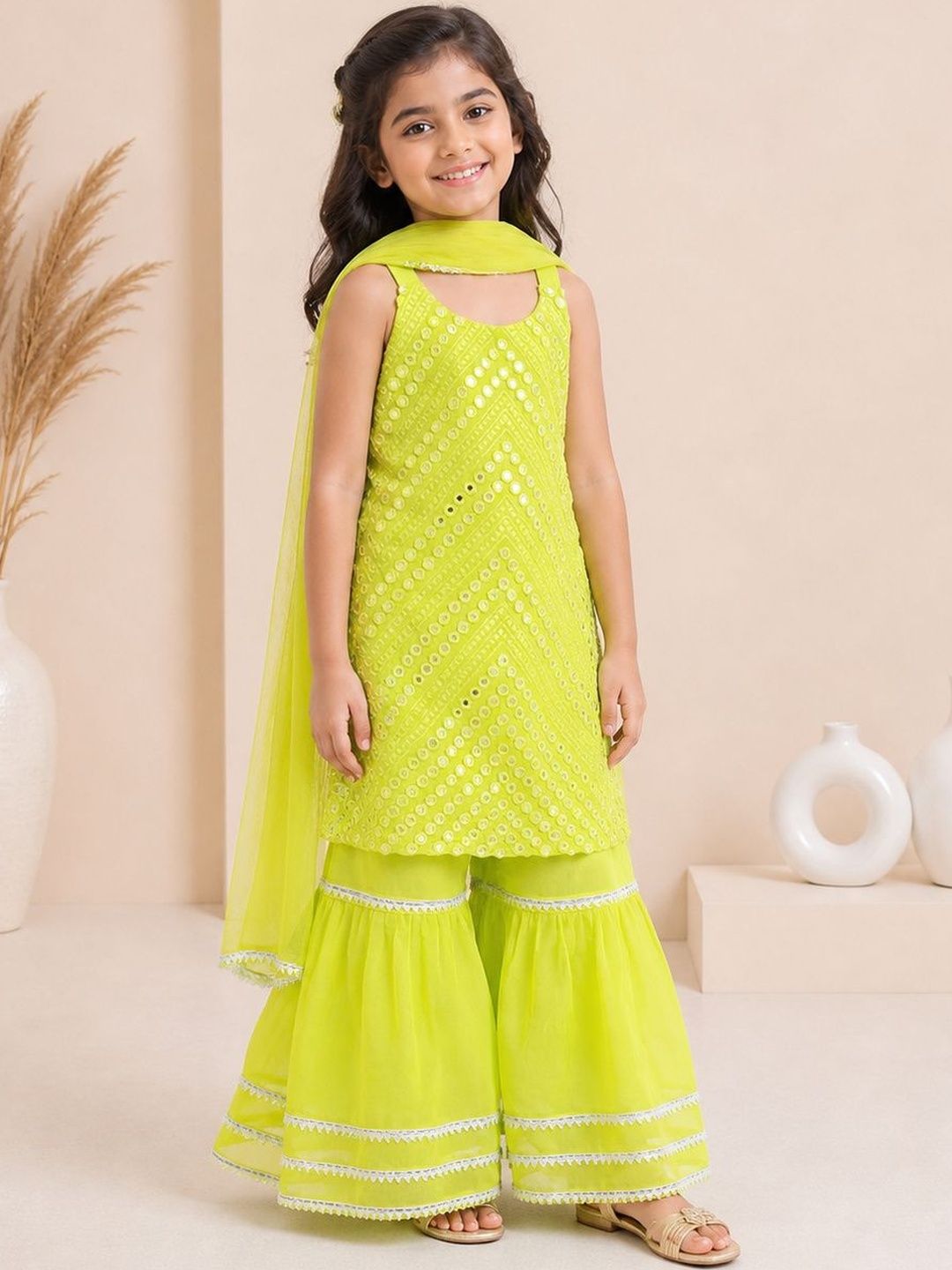 KALINI Girls Ethnic Motifs Embroidered Regular Mirror Work Kurta with Sharara & With Dupatta-picture-24