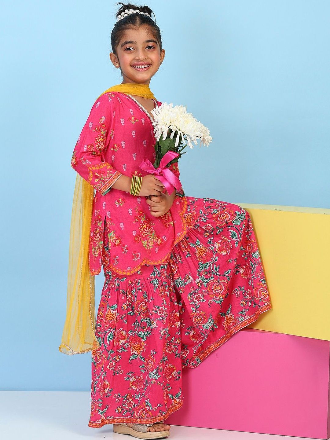 Biba Girls Floral Printed Regular Thread Work Cotton Kurta With Sharara & With Dupatta-picture-20