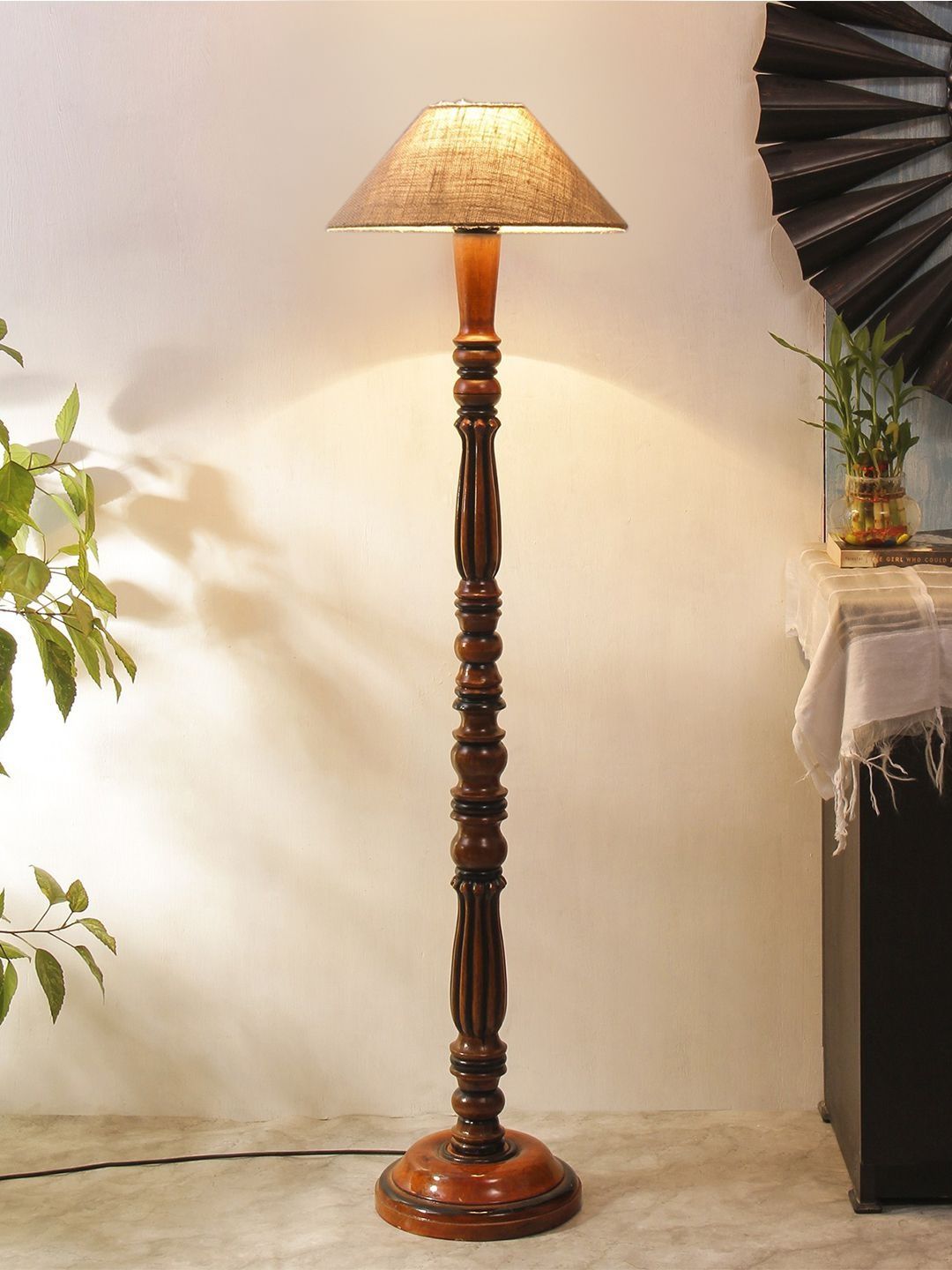 Myntra Elegant Homes Beige & Brown Wooden Tripod Floor Lamp-image-24