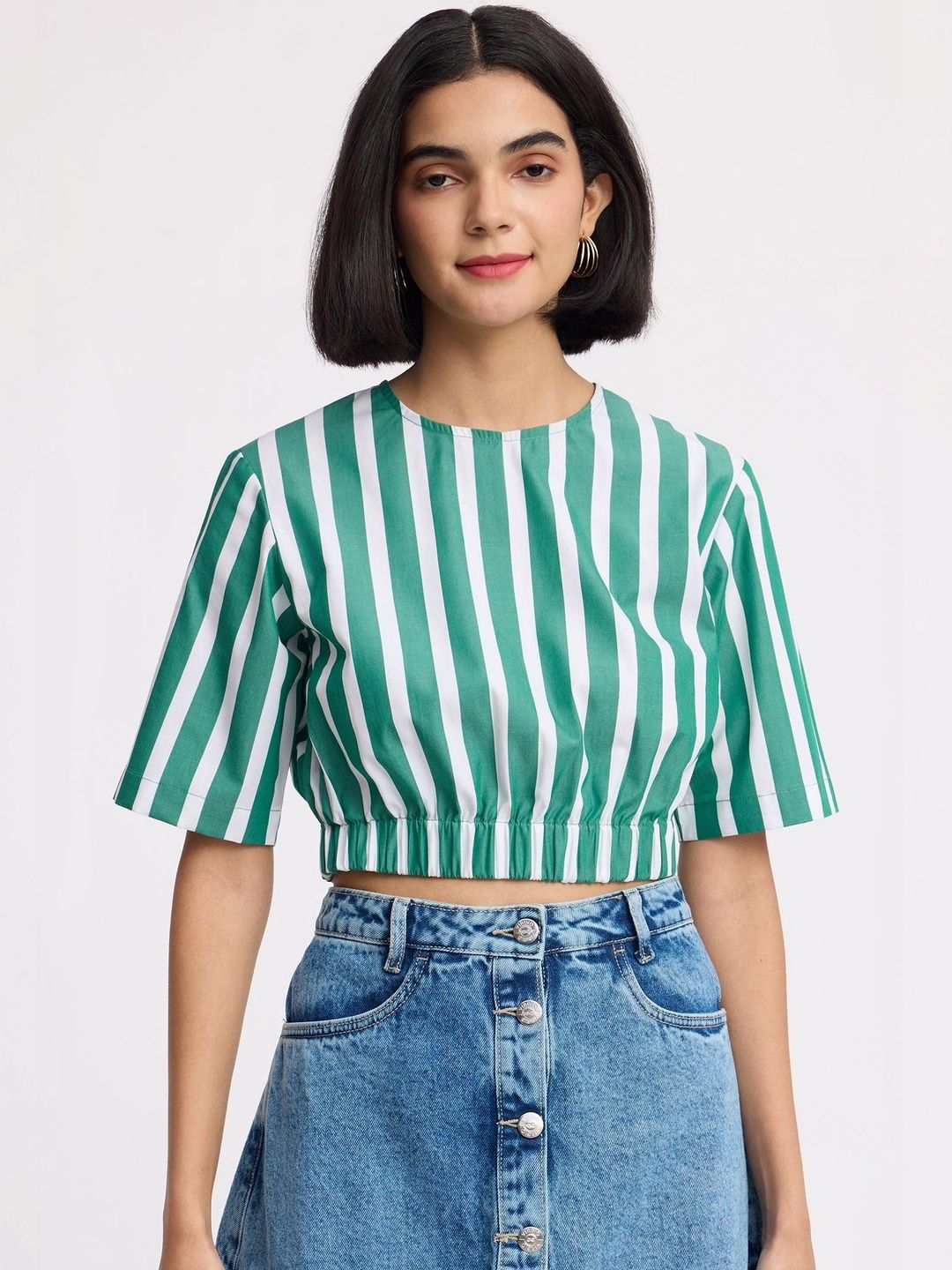 Virgio Striped Flared Sleeve Cotton Blouson Crop Top-picture-10