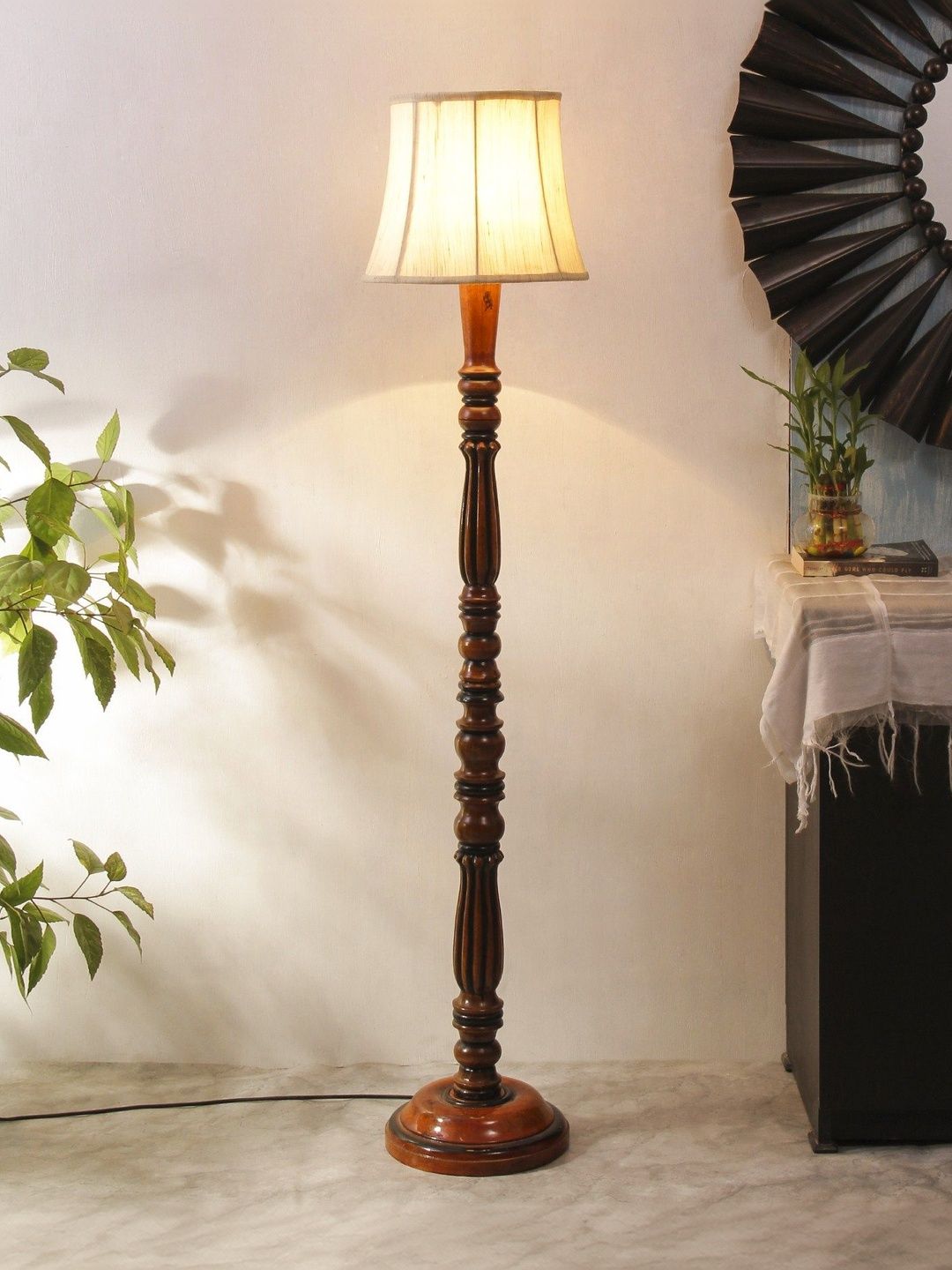 Myntra Elegant Homes Off-White & Brown Wooden Tripod Floor Lamp-image-32