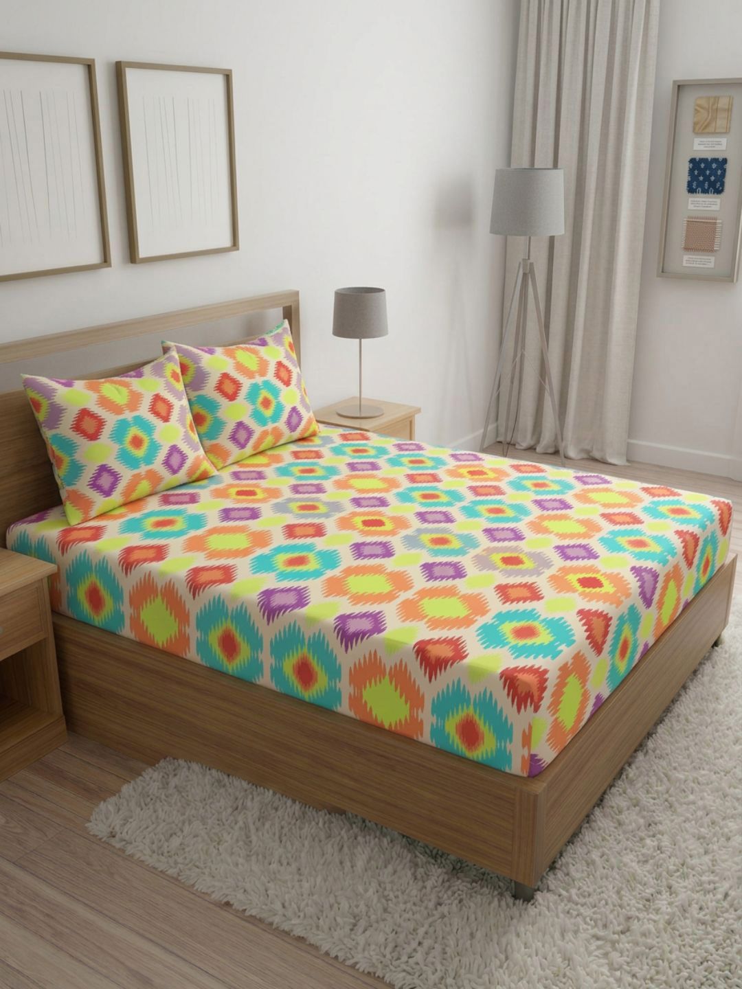 Status Yellow & Pink 210 TC Queen Bedsheet with 2 Pillow Covers-image-16