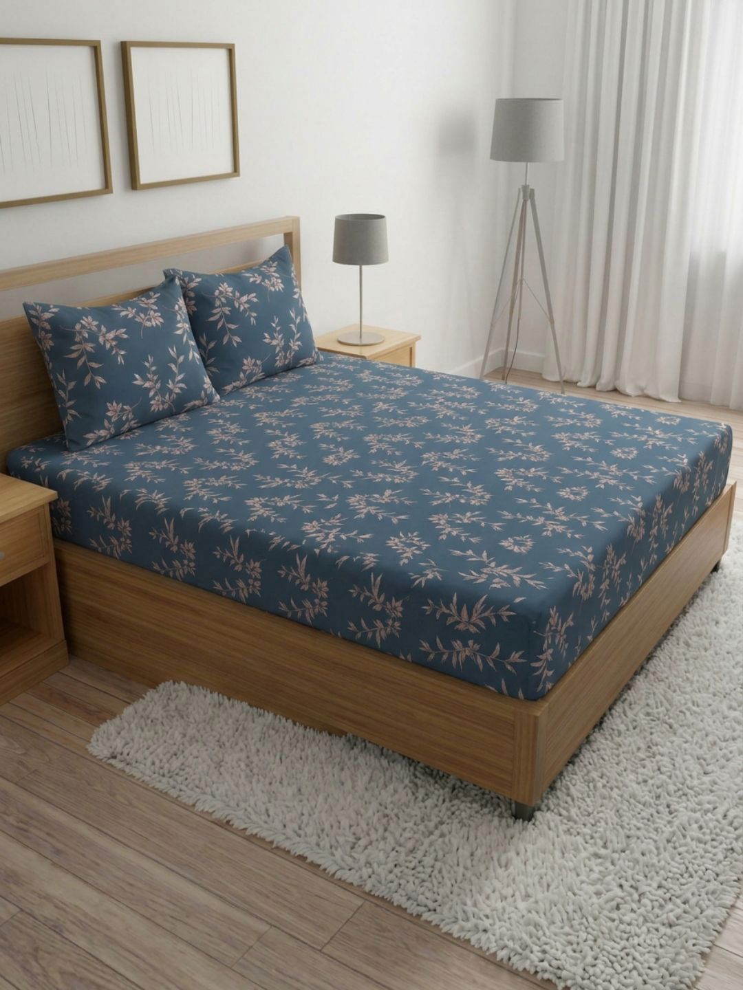 Status Blue & White Printed 210 TC Queen Bedsheet with 2 Pillow Covers-picture-26