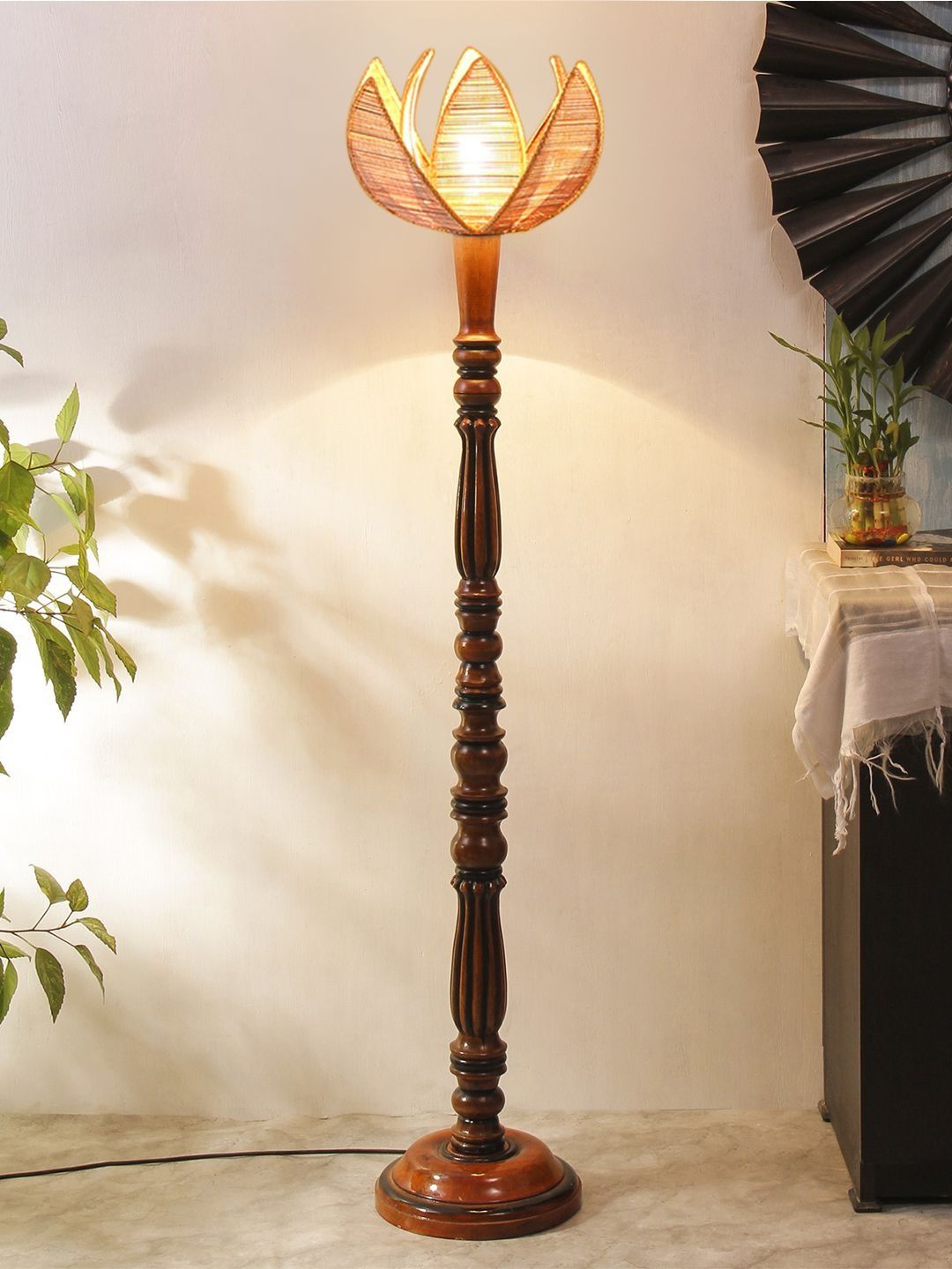 Myntra Elegant Homes Beige & Brown Wooden Tripod Floor Lamp-image-25
