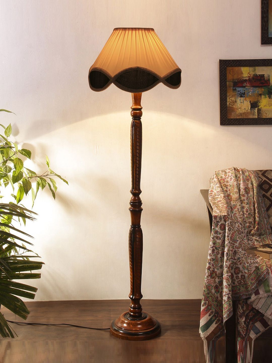 Myntra Elegant Homes Beige & Brown Wooden Tripod Floor Lamp-image-21
