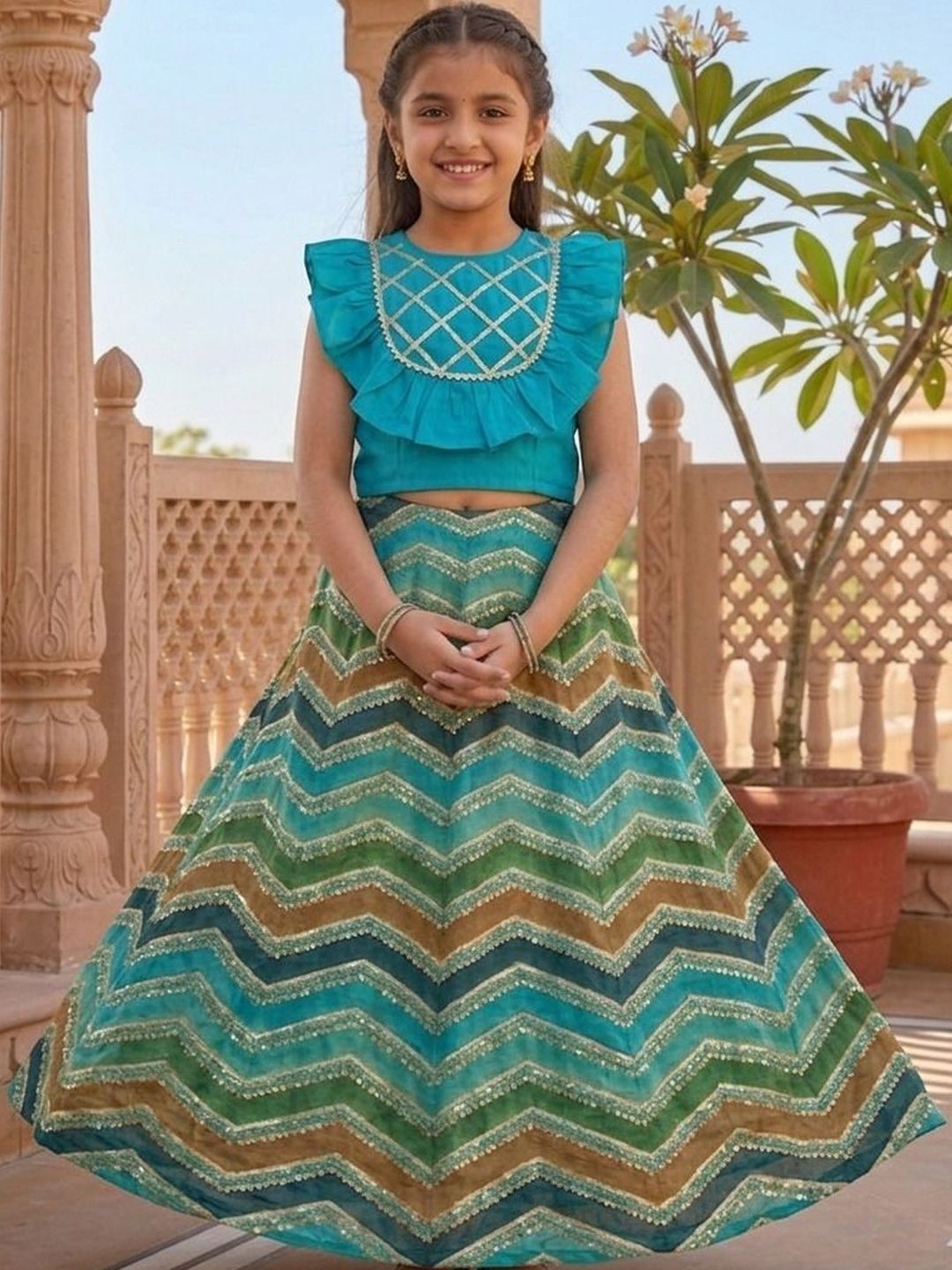Sangria Girls Ethnic Motif Printed Round Neck Lehenga Choli-picture-55