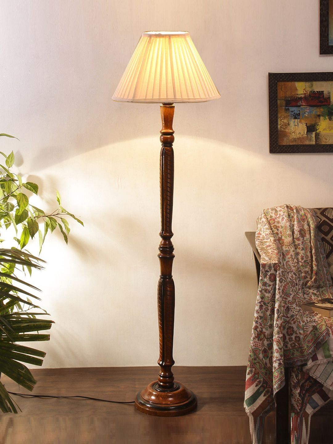 Myntra Elegant Homes Off-White & Brown Wooden Tripod Floor Lamp-image-31