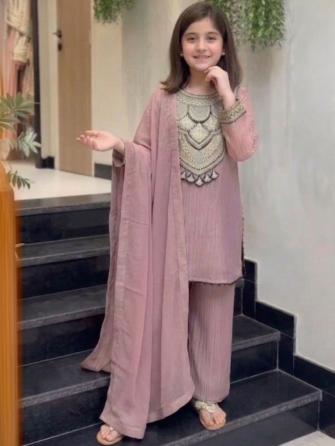 KALINI Girls Ethnic Motifs Embroidered Regular Thread Work Kurta with Palazzos & With Dupatta-picture-23