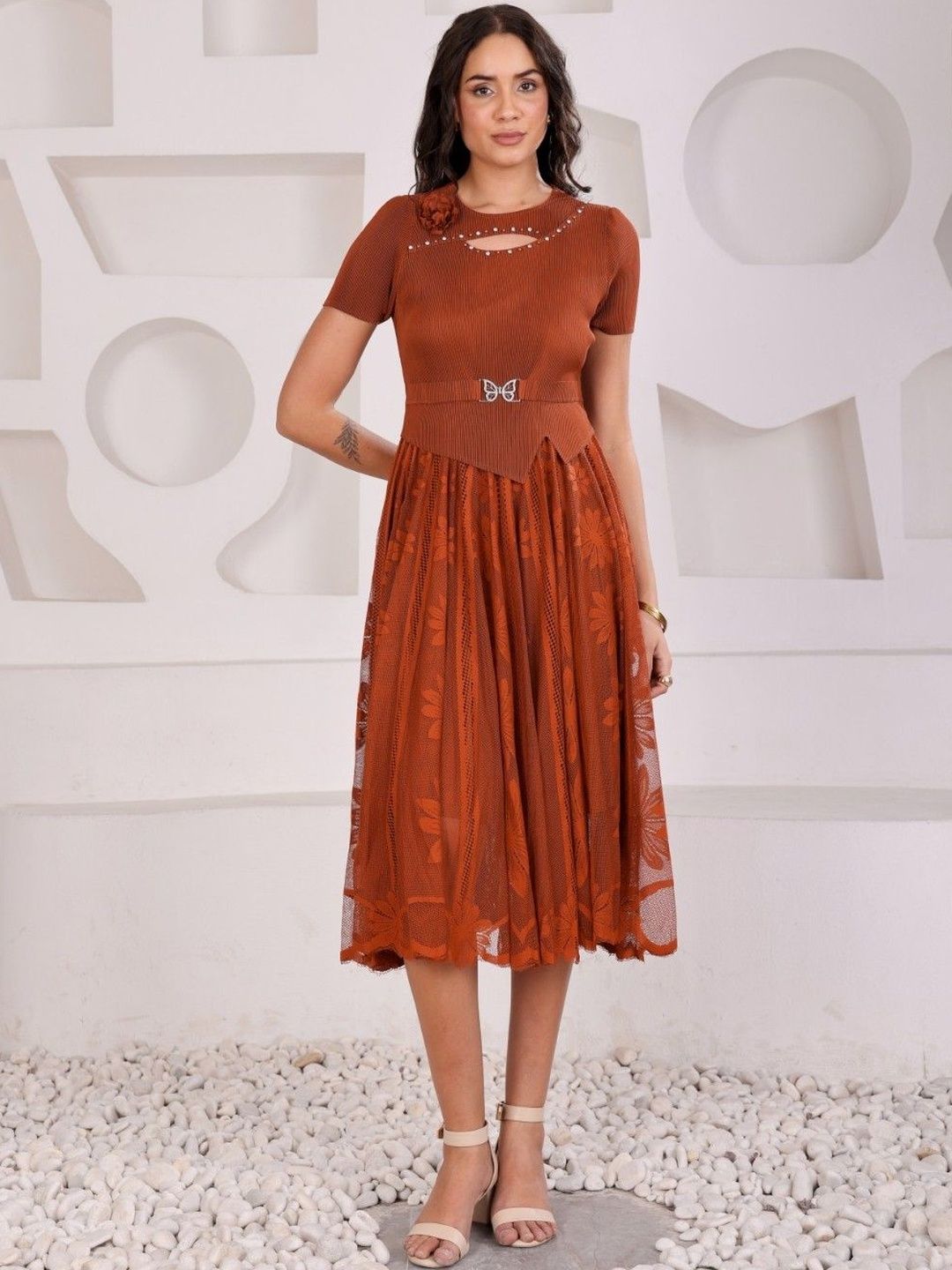 FIND STALK LOVE Floral Satin Fit & Flare Midi Dress-picture-31