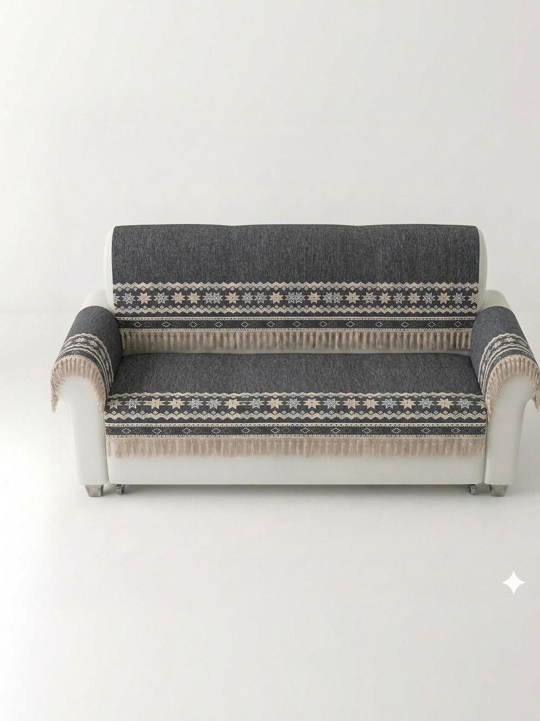 RAINBOW FURNISHINGS Beige & Charcoal Printed Cotton Blend Sofa Cover With Arms-picture-37