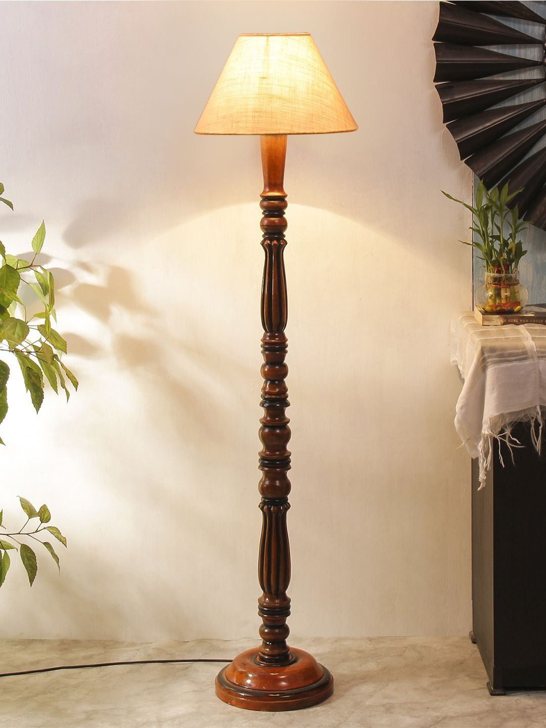 Myntra Elegant Homes White & Brown Wooden Tripod Floor Lamp-picture-18