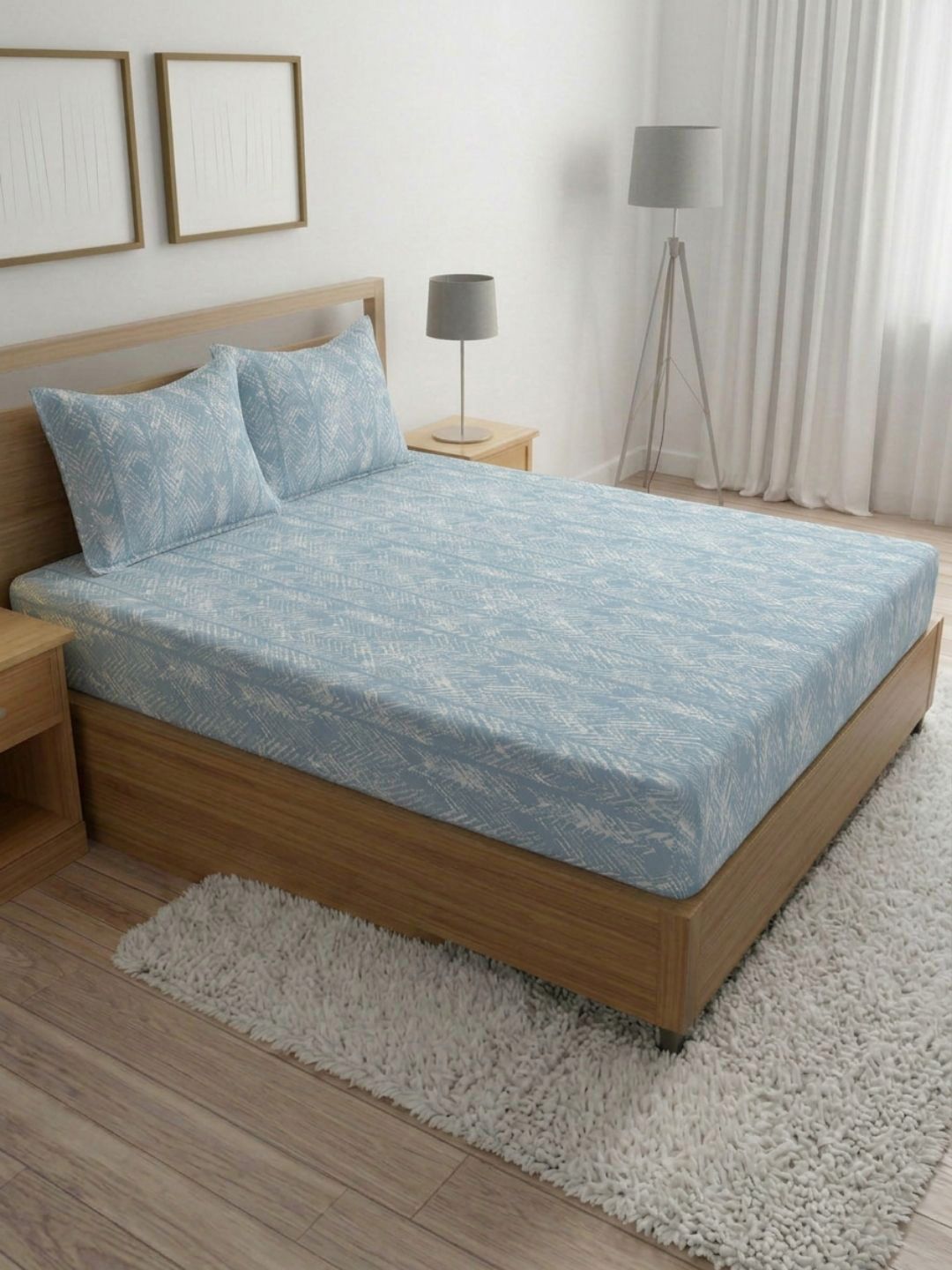 Status Blue & White Printed 210 TC Queen Bedsheet with 2 Pillow Covers-picture-27