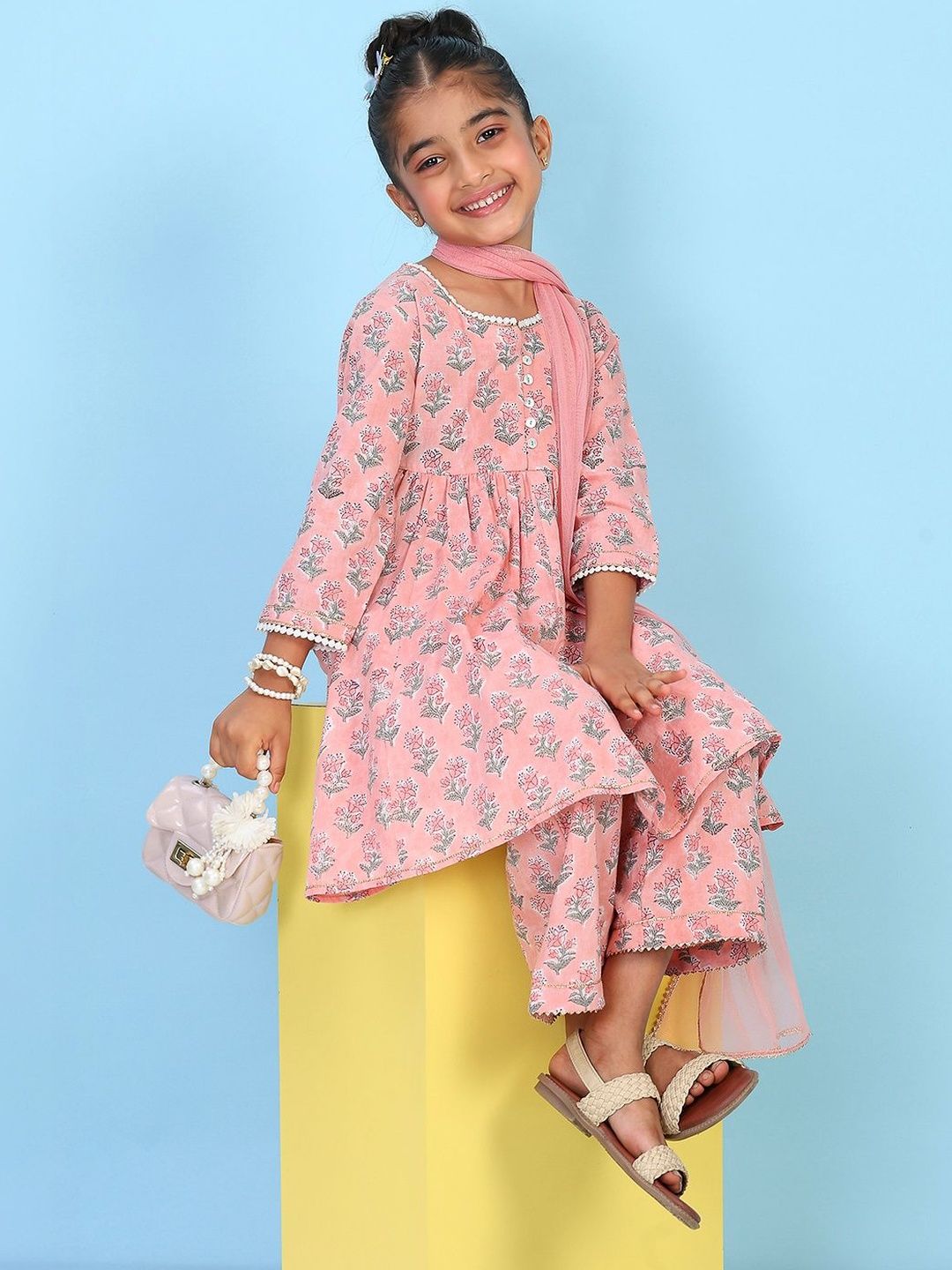Biba Girls Floral Printed Regular Pure Cotton Kurta with Palazzos & With Dupatta-picture-12
