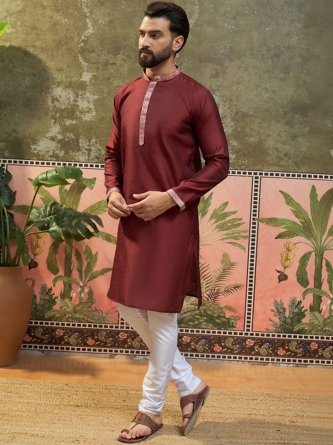 Sangria Woven Design Mandarin Collar Straight Kurta-picture-20