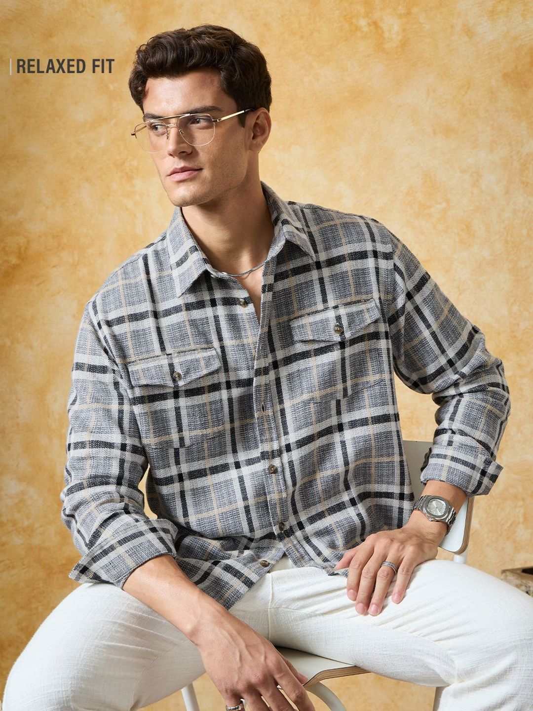 The Souled Store Men Relaxed Fit Checked Grey Utility Shirts-picture-15