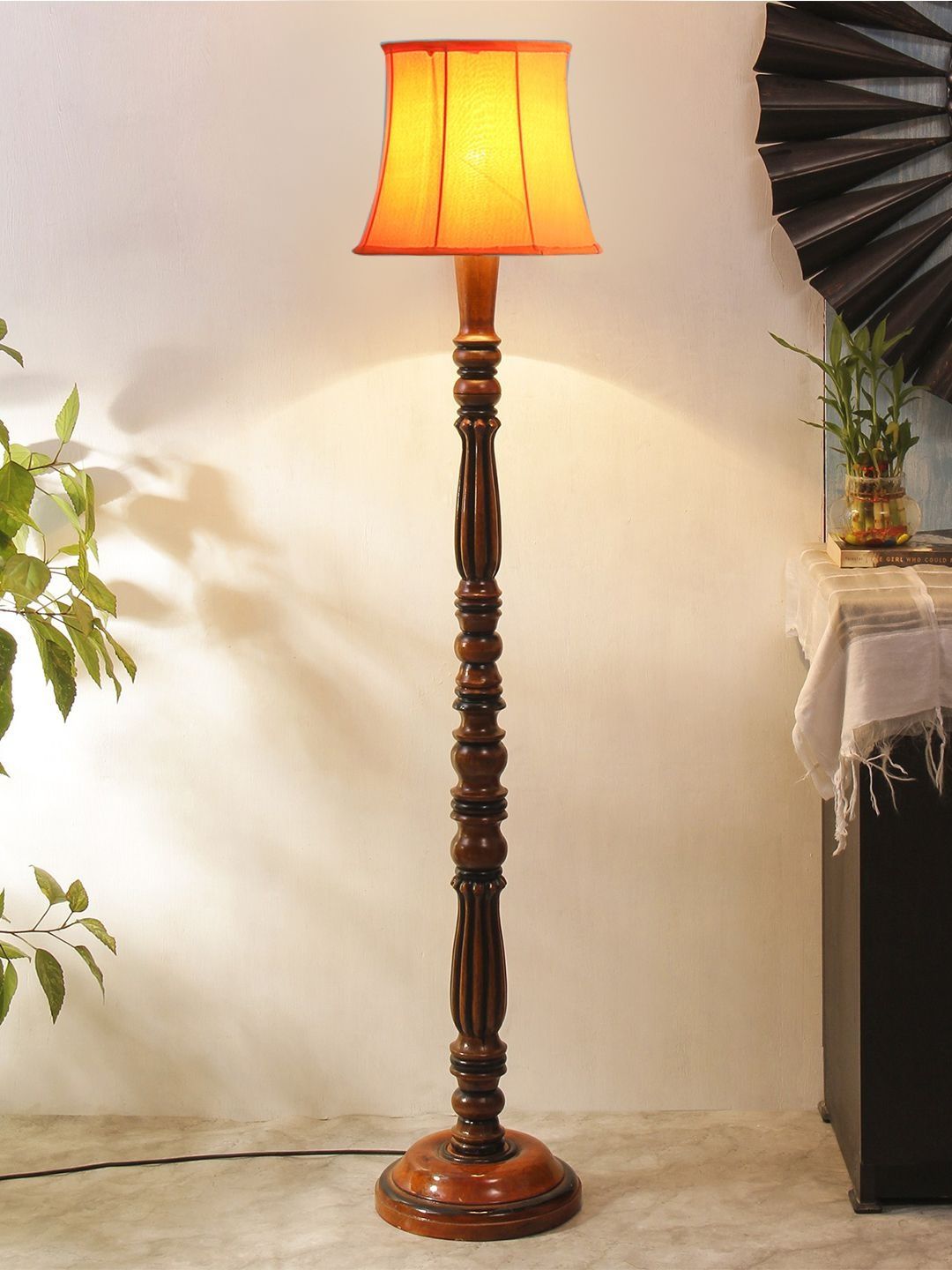Myntra Elegant Homes Orange & Brown Wooden Tripod Floor Lamp-image-33