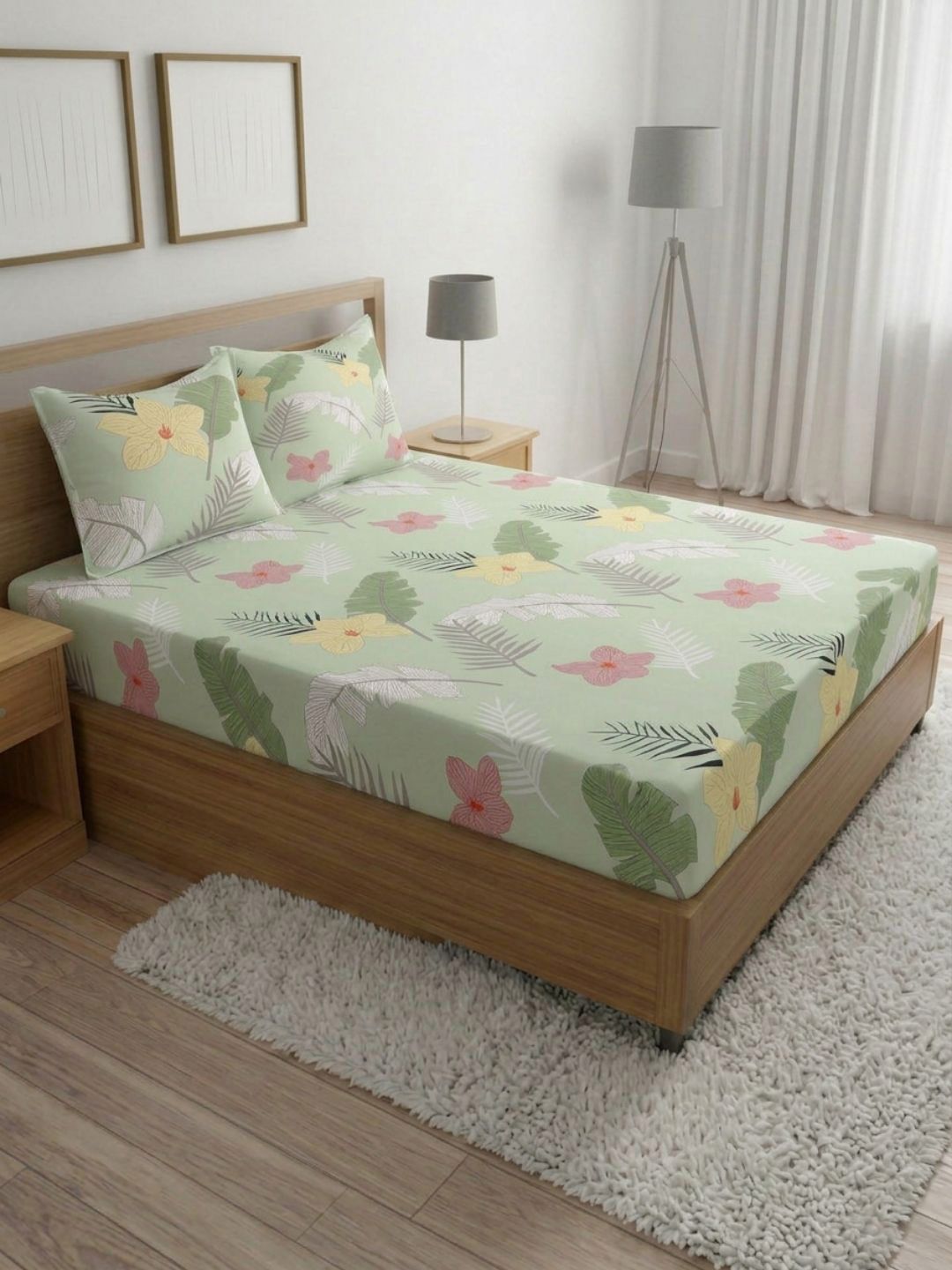 Status Green & Pink Printed 210 TC Queen Bedsheet with 2 Pillow Covers-picture-19
