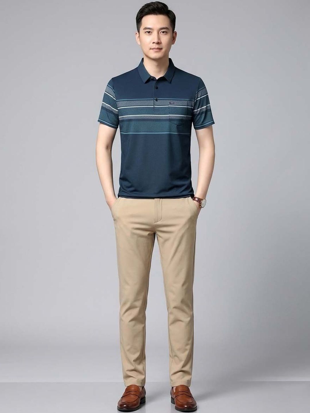Moda Rapido Men Striped Polo Collar Pockets T-shirt-picture-31