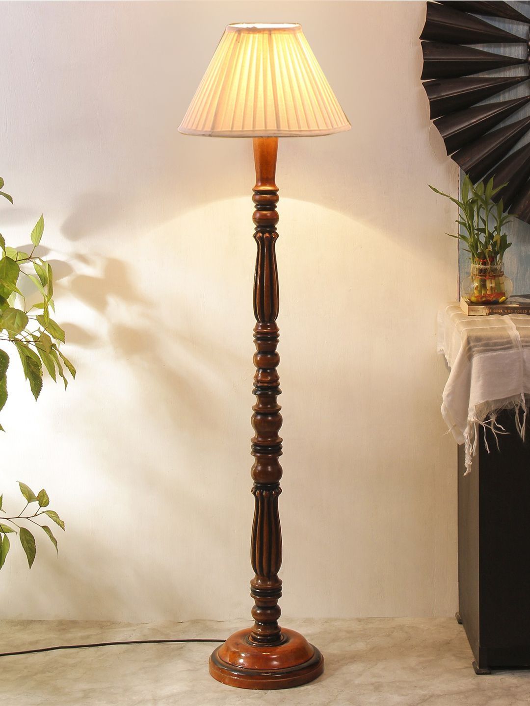 Myntra Elegant Homes Off-White & Brown Wooden Tripod Floor Lamp-image-19