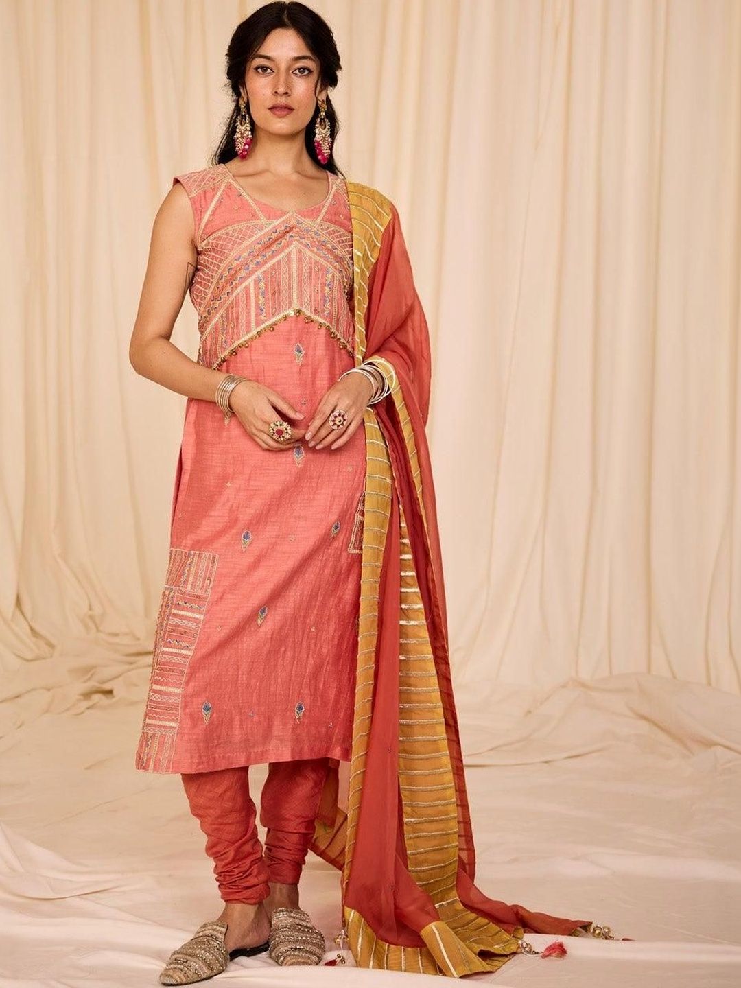 Leela by A Women Ethnic Motifs Embroidered Regular Thread Work Chanderi Cotton Kurta with Churidar & With-picture-22