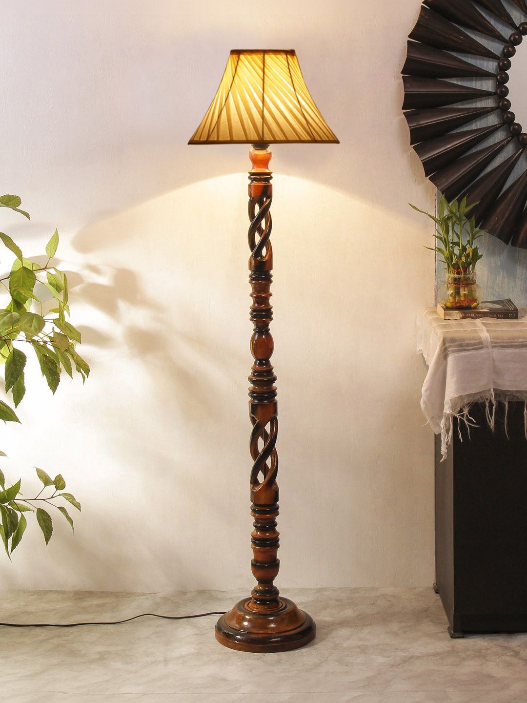 Myntra Elegant Homes Off-White & Brown Wooden Tripod Floor Lamp-image-26