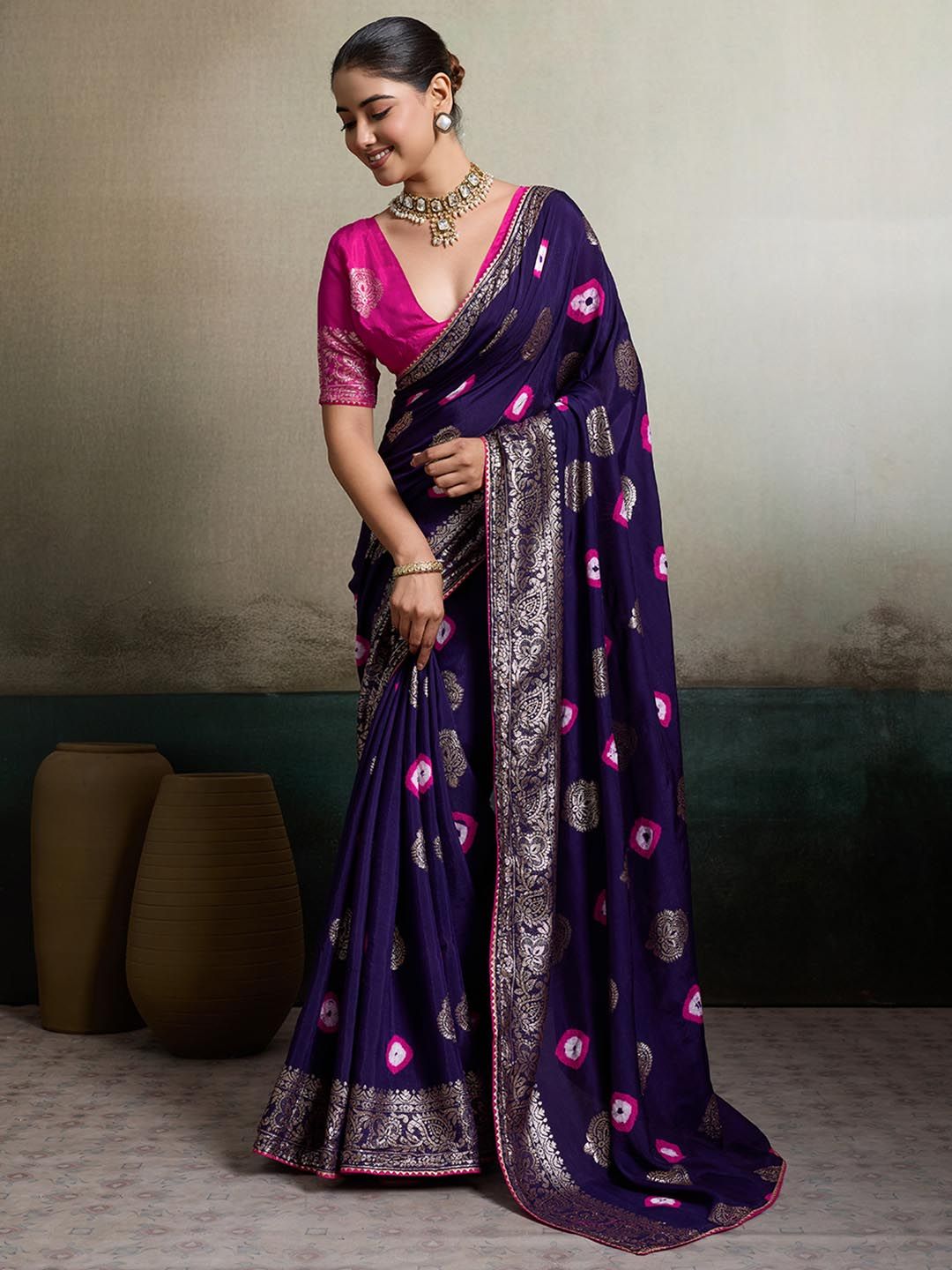 KCPC BANDHANI Women Navy Blue Sarees-picture-34