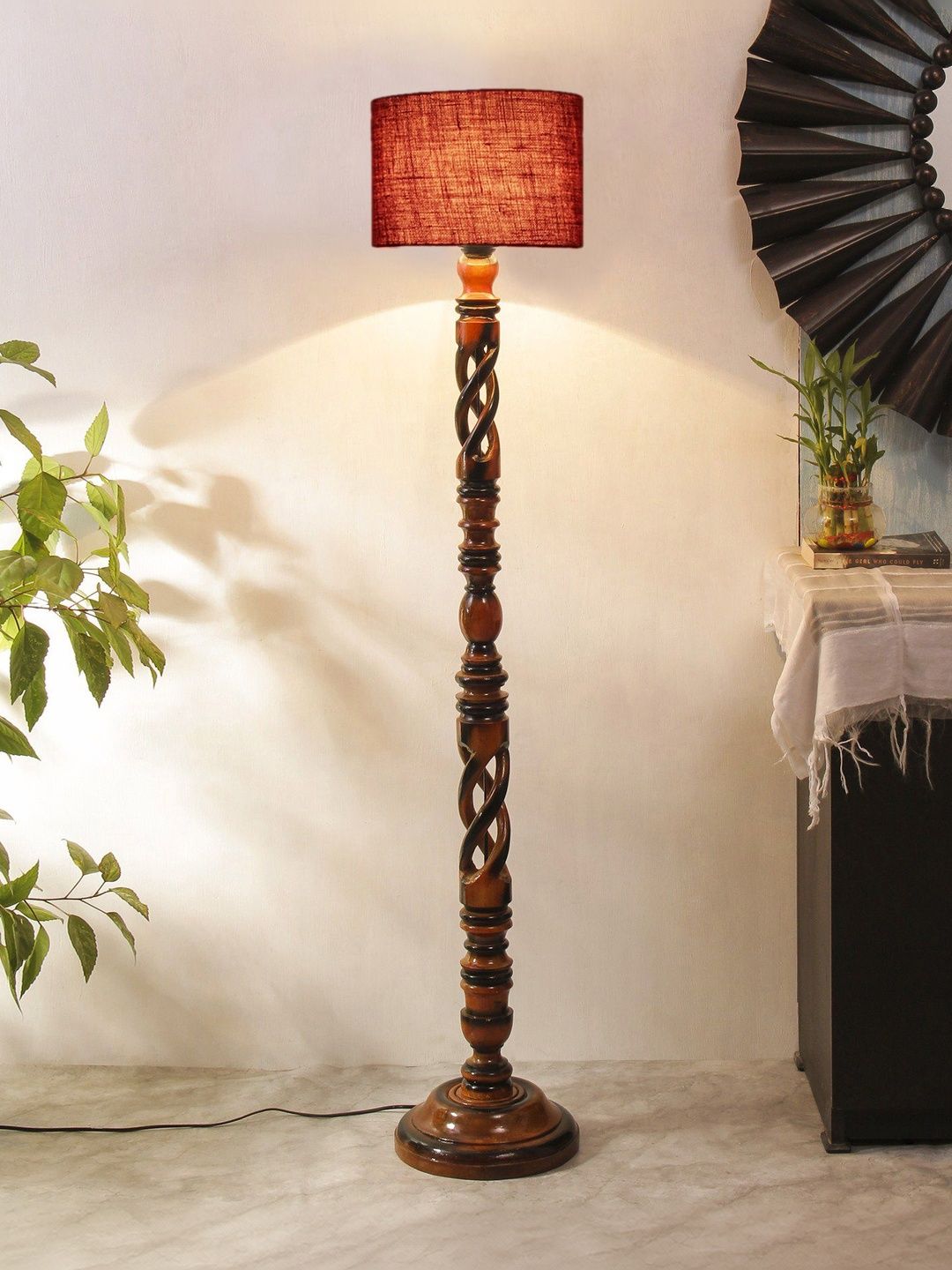 Myntra Elegant Homes Maroon & Brown Wooden Tripod Floor Lamp-picture-26