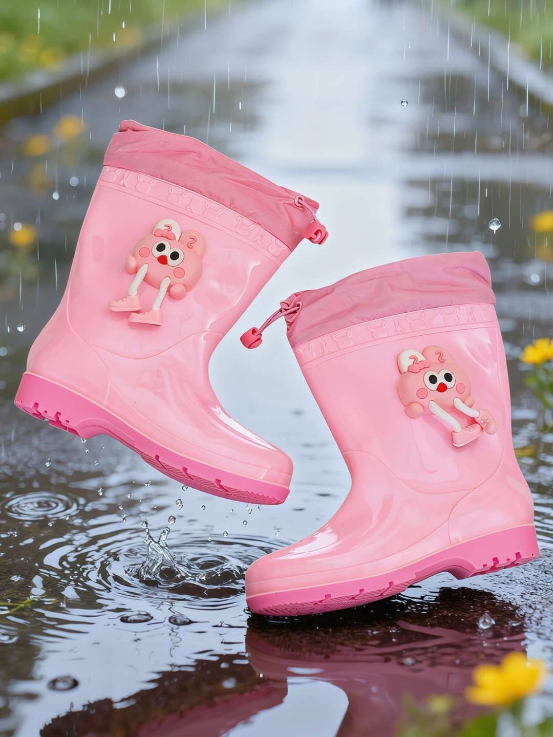 BAESD Girls Round Toe Drawstring Cuff Bunny Rain Boots-picture-13