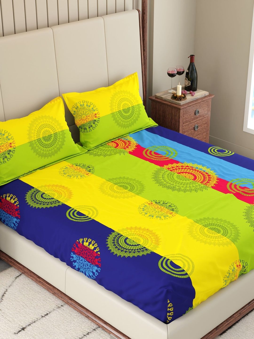 Pure Decor Multicoloured Geometric 200 TC Queen Bedsheet with 2 Pillow Covers-picture-49