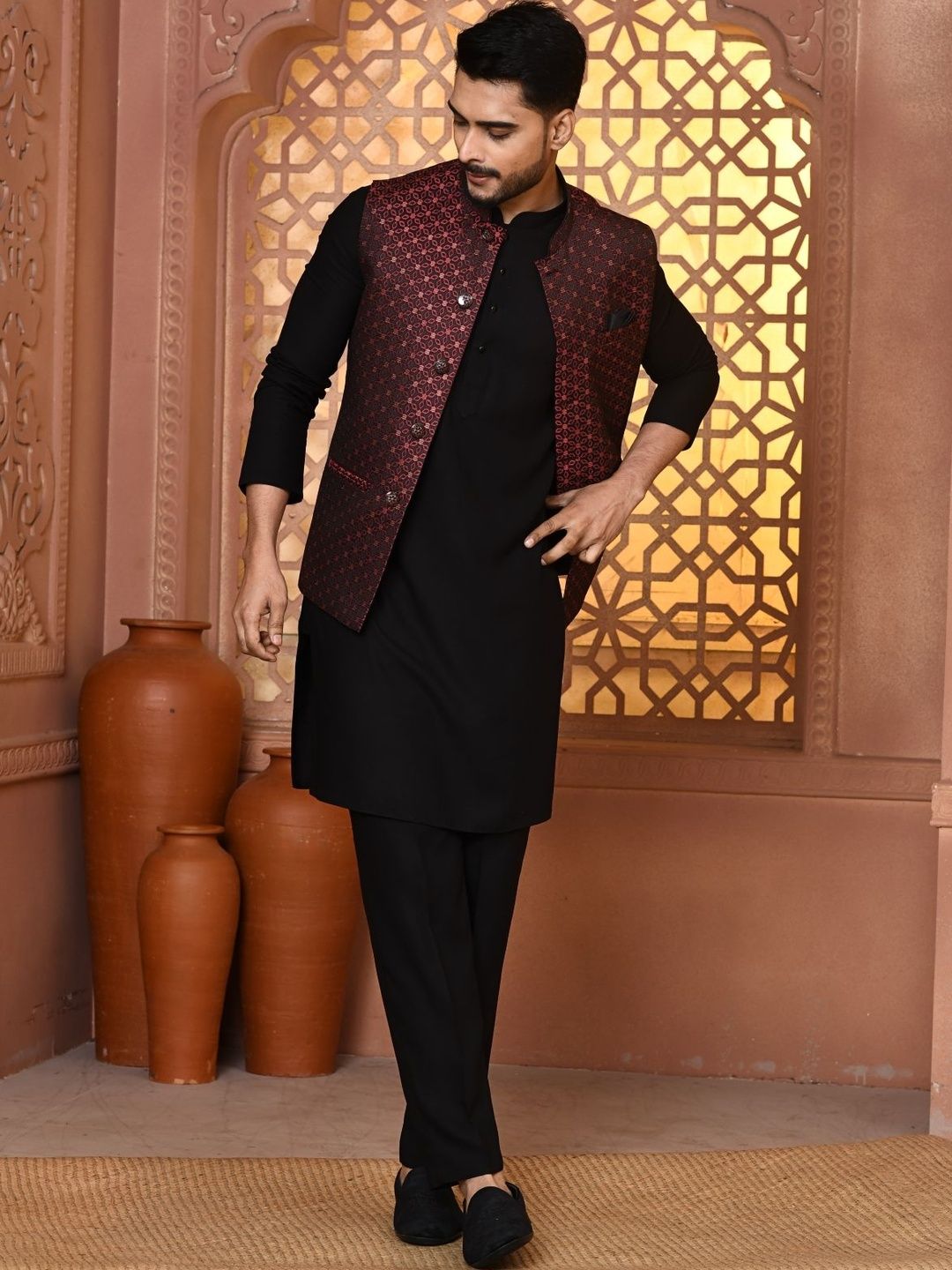 WANAS Woven Design Mandarin Collar Nehru Jackets-picture-50