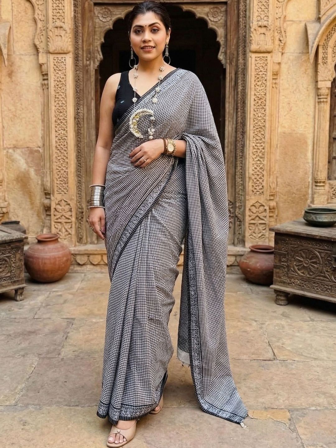 Dhaaga Ghar Checked Linen Blend Handloom Block Print Saree-image-42