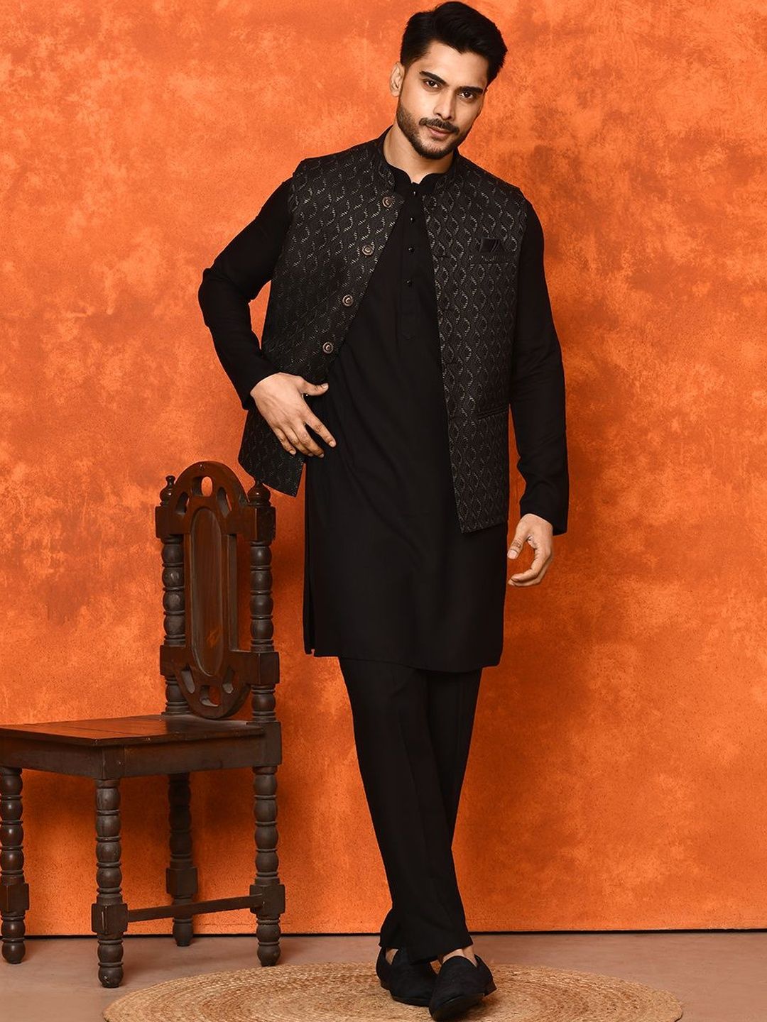WANAS Woven Design Mandarin Collar Nehru Jackets-image-11