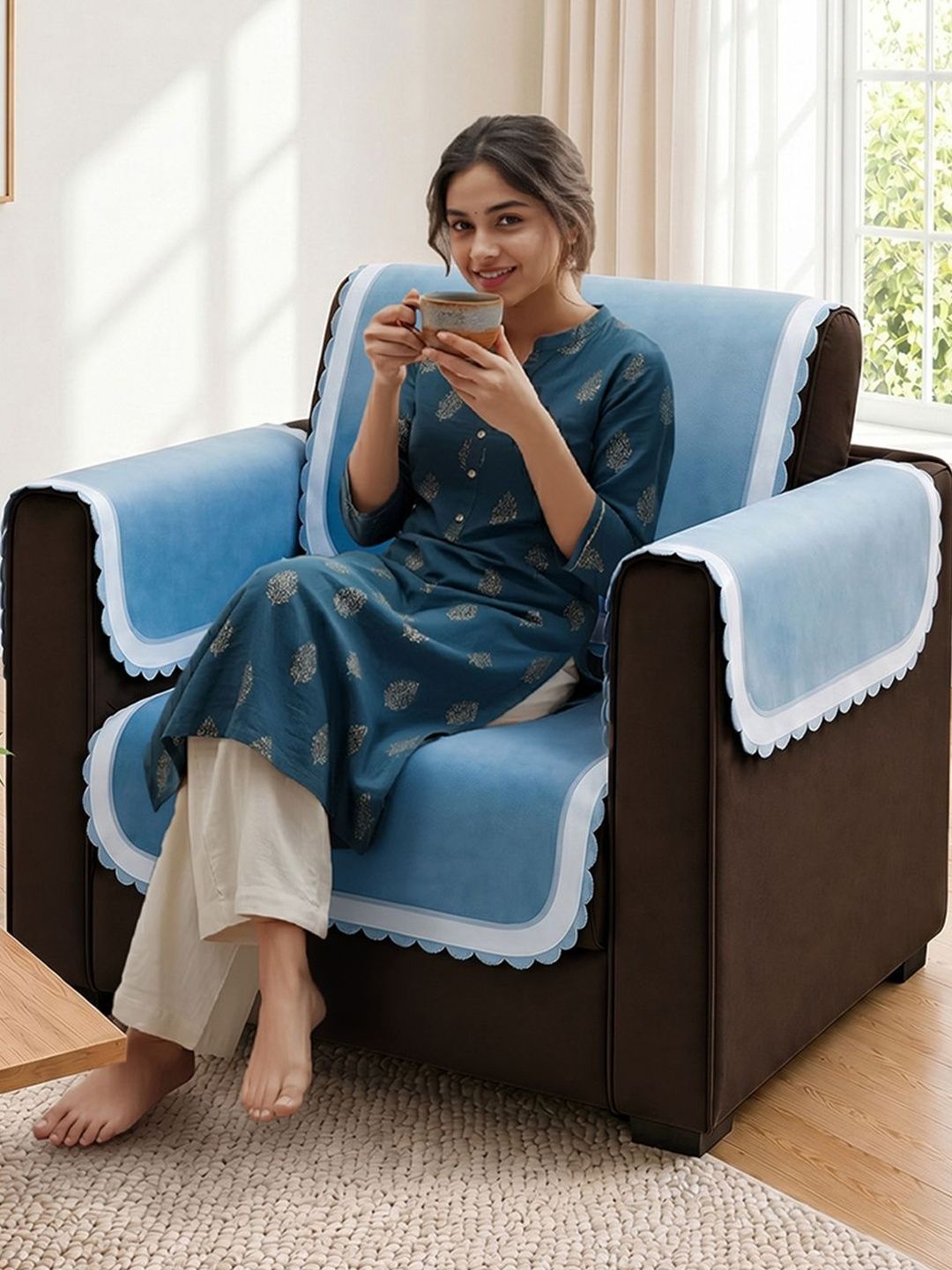 Story@home Blue & Blue Solid 4 Piece Sofa Cover With Arms-picture-58